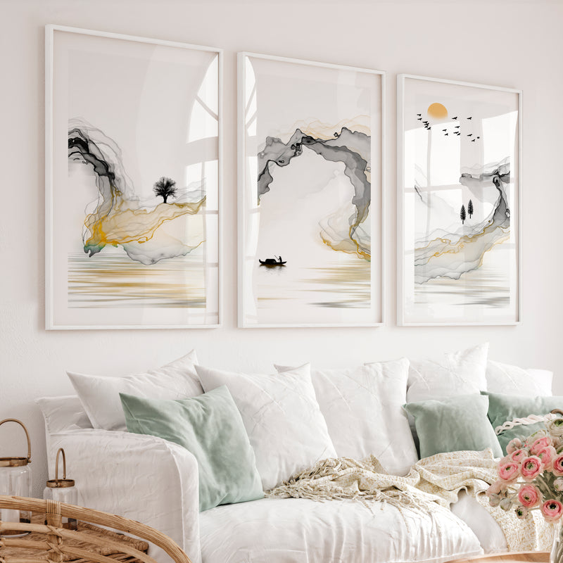 Japanese Modern Wall Art with Black Oval and Flowing Lines - White Framed Poster with White Border - Artworksets
