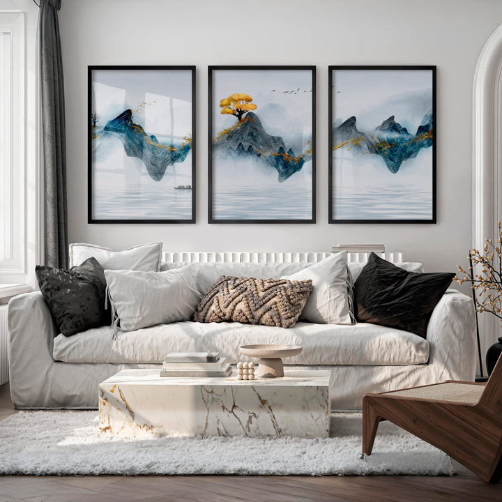 Elegant Japanese Moon Art Featuring Lotus Flowers Triptych - Black Framed Poster No Border - Artworksets
