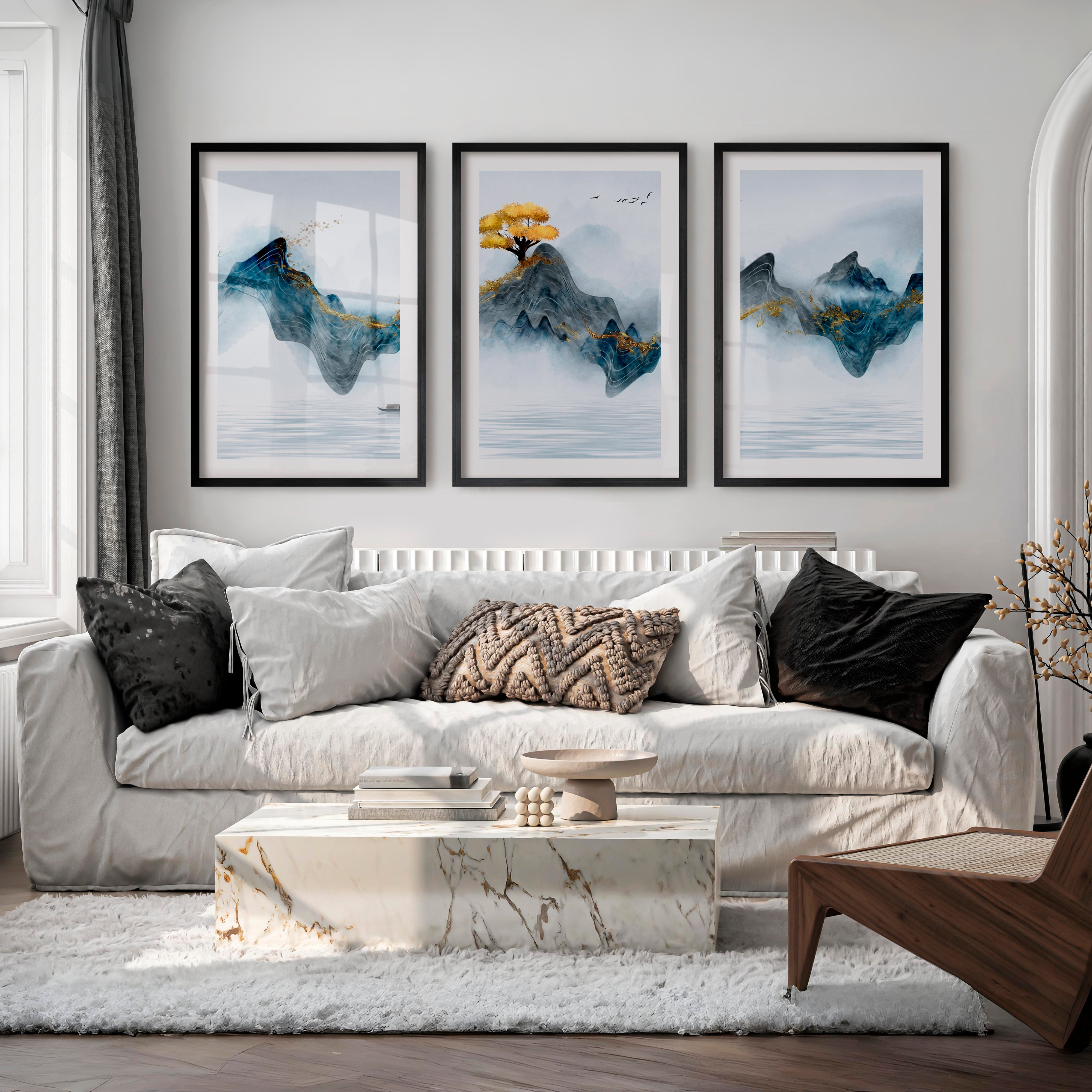 Elegant Japanese Moon Art Featuring Lotus Flowers Triptych - Black Framed Poster with White Border - Artworksets