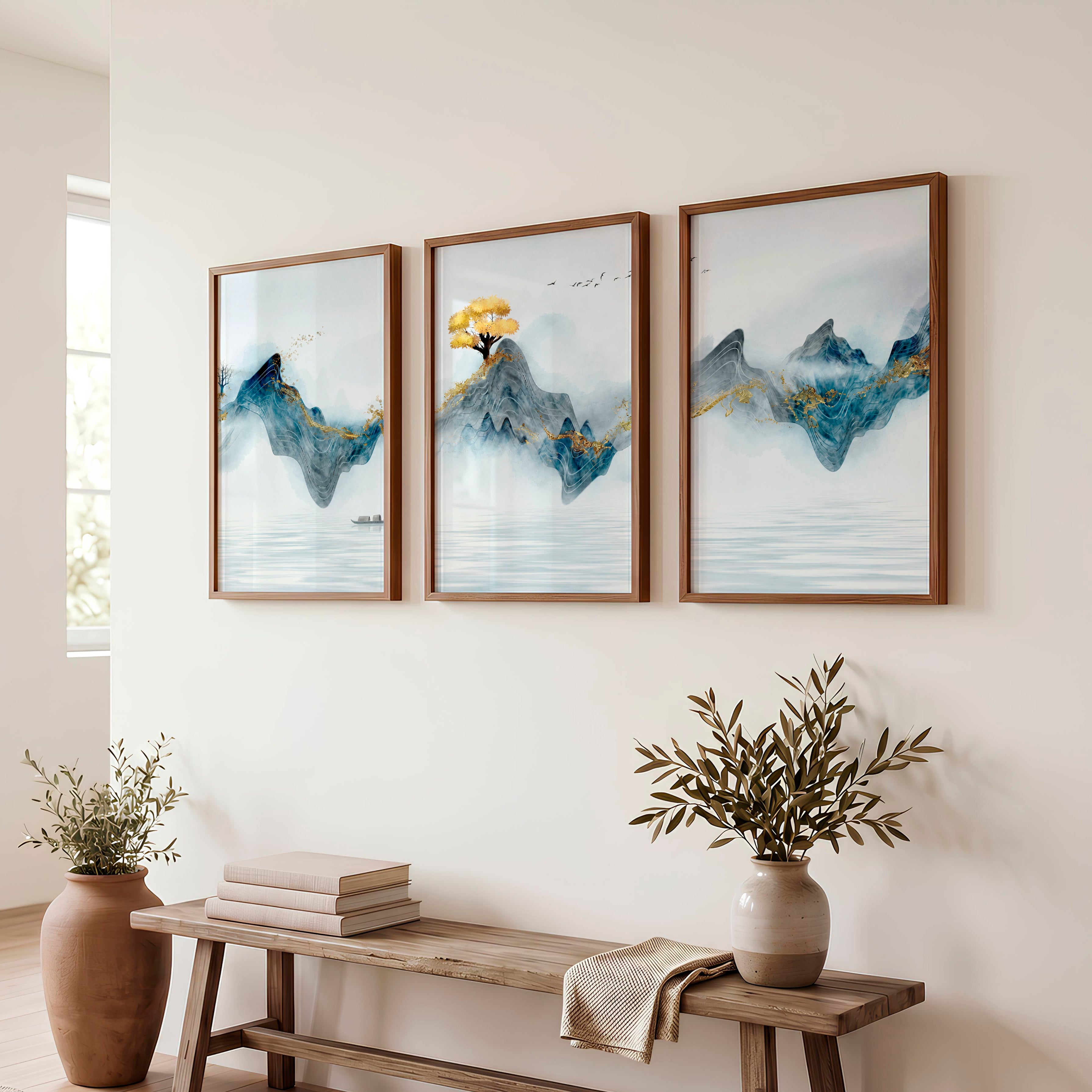 Elegant Japanese Moon Art Featuring Lotus Flowers Triptych - Dark Brown Framed Poster No Border - Artworksets