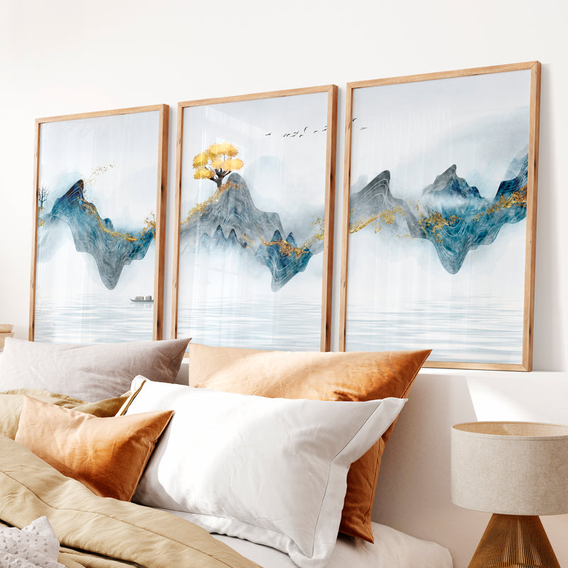 Elegant Japanese Moon Art Featuring Lotus Flowers Triptych - Natural Wood Framed Poster No Border - Artworksets