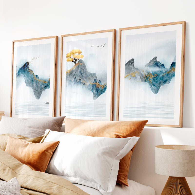 Elegant Japanese Moon Art Featuring Lotus Flowers Triptych- Natural Wood Framed Poster with White Border - Artworksets