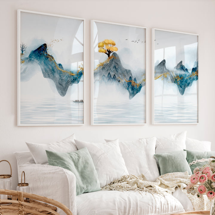 Elegant Japanese Moon Art Featuring Lotus Flowers Triptych - White Framed Poster No Border - Artworksets