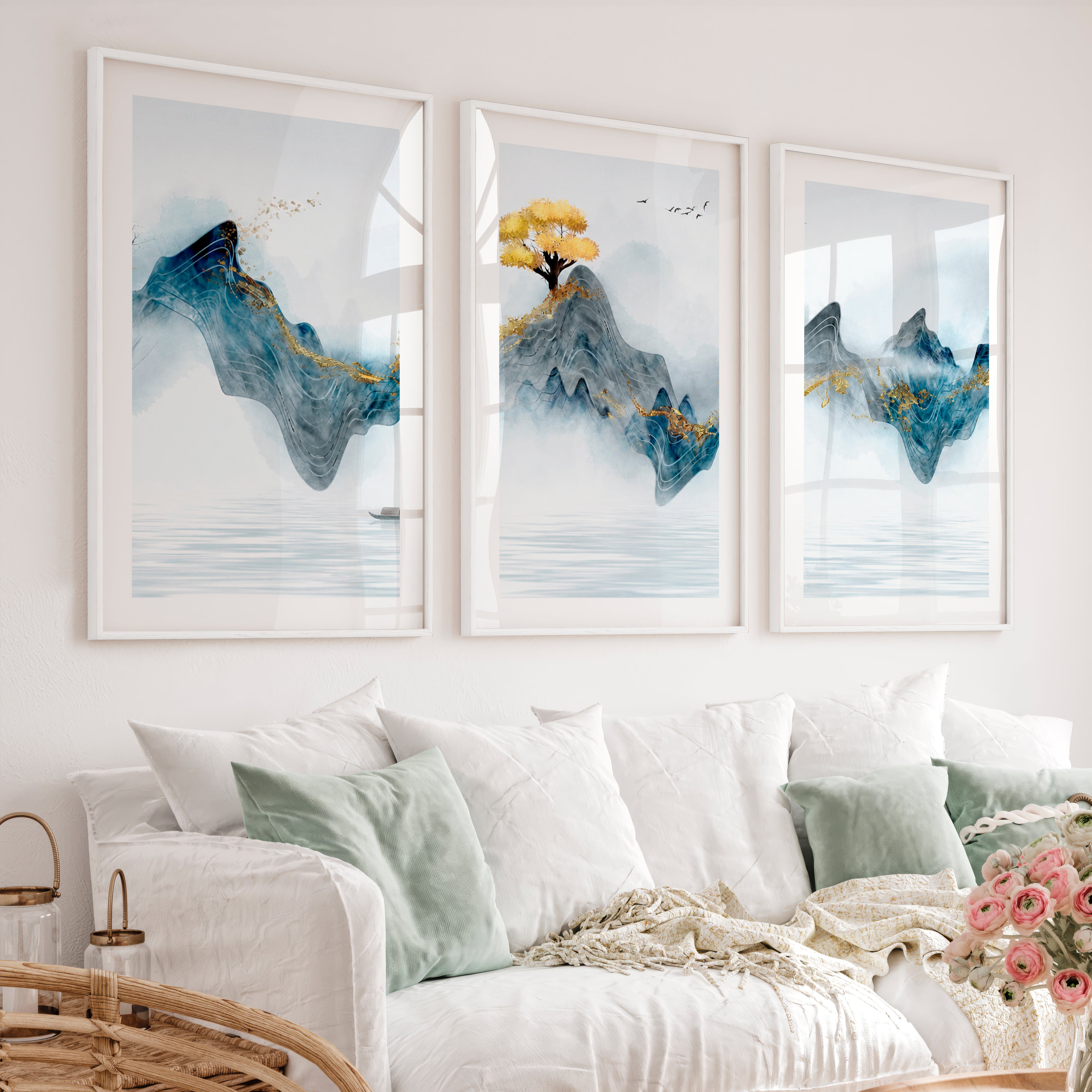 Elegant Japanese Moon Art Featuring Lotus Flowers Triptych - White Framed Poster with White Border - Artworksets