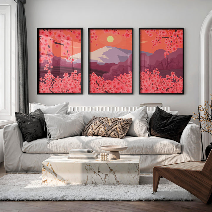 Japanese Mountain Artwork with Cherry Blossoms and Lake - Black Framed Poster No Border - Artworksets