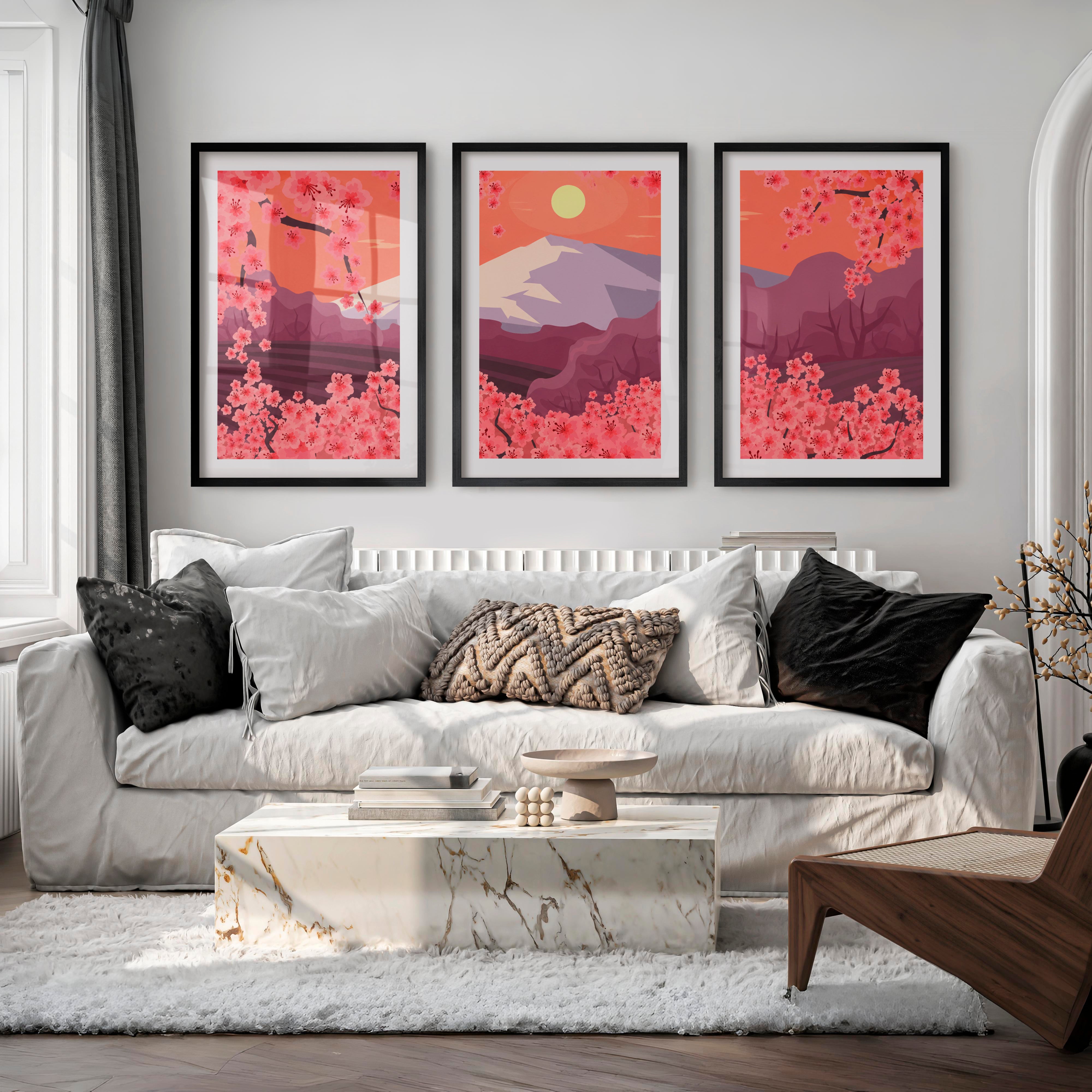 Japanese Mountain Artwork with Cherry Blossoms and Lake - Black Framed Poster with White Border - Artworksets