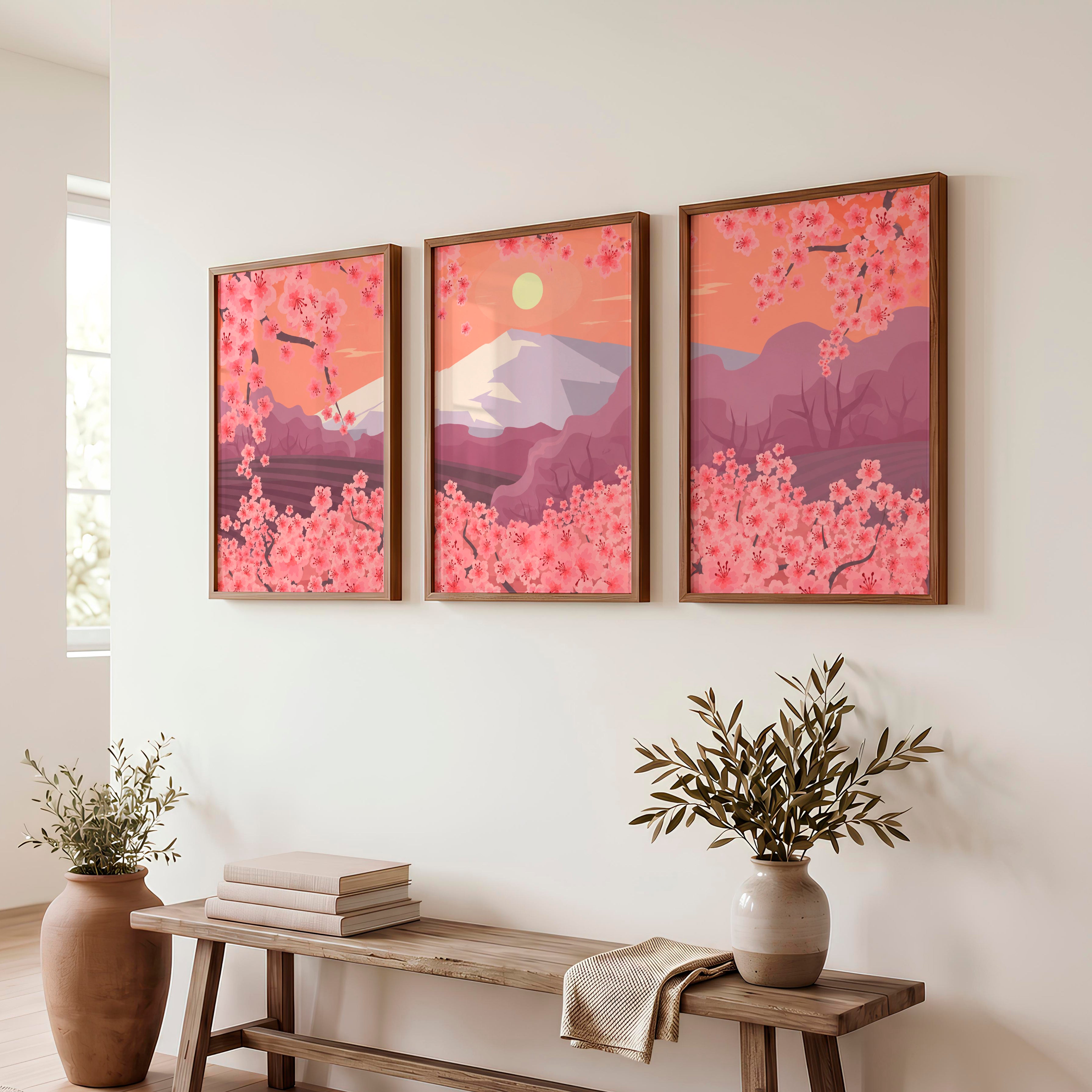 Japanese Mountain Artwork with Cherry Blossoms and Lake - Dark Brown Framed Poster No Border - Artworksets