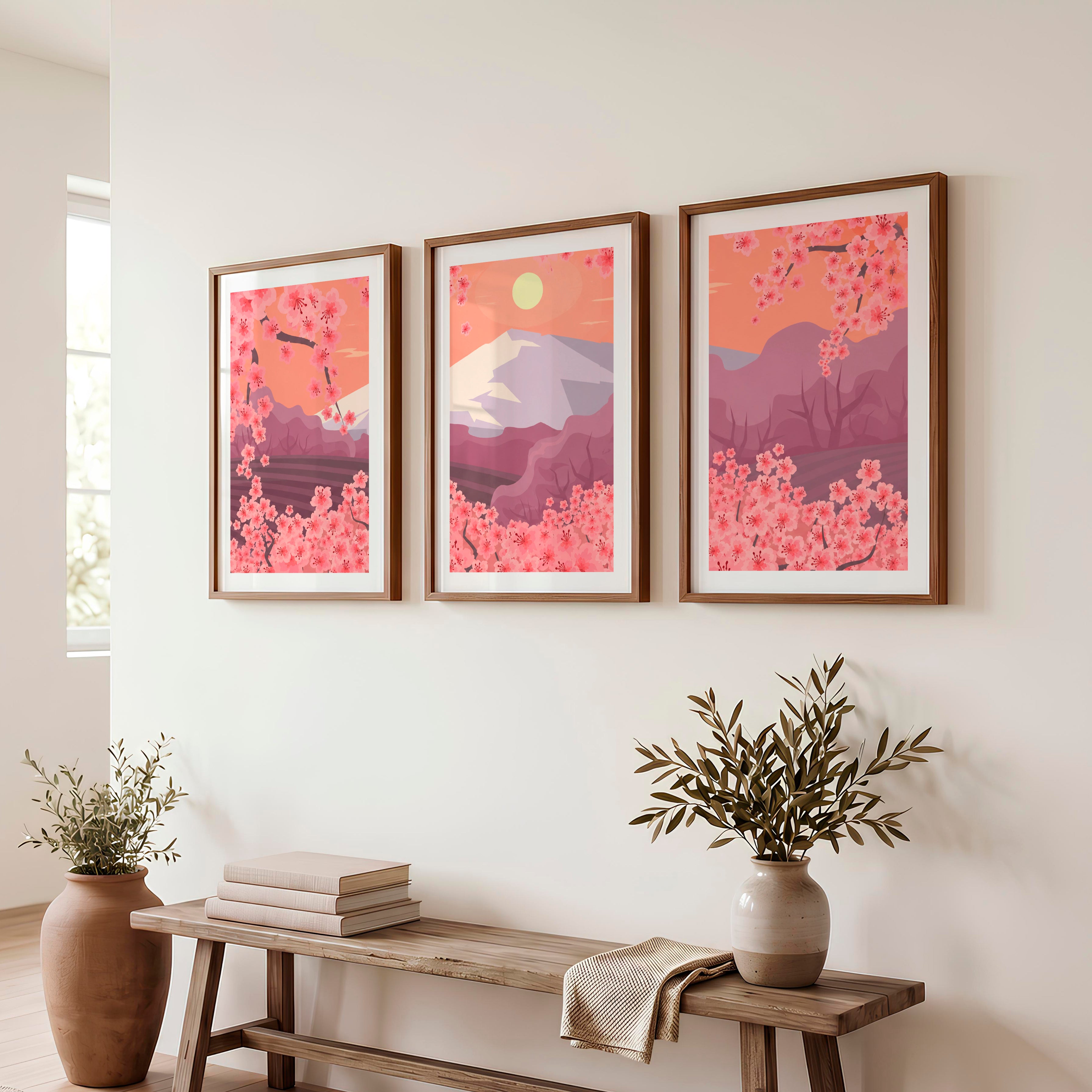 Japanese Mountain Artwork with Cherry Blossoms and Lake - Dark Brown Framed Poster with White Border - Artworksets