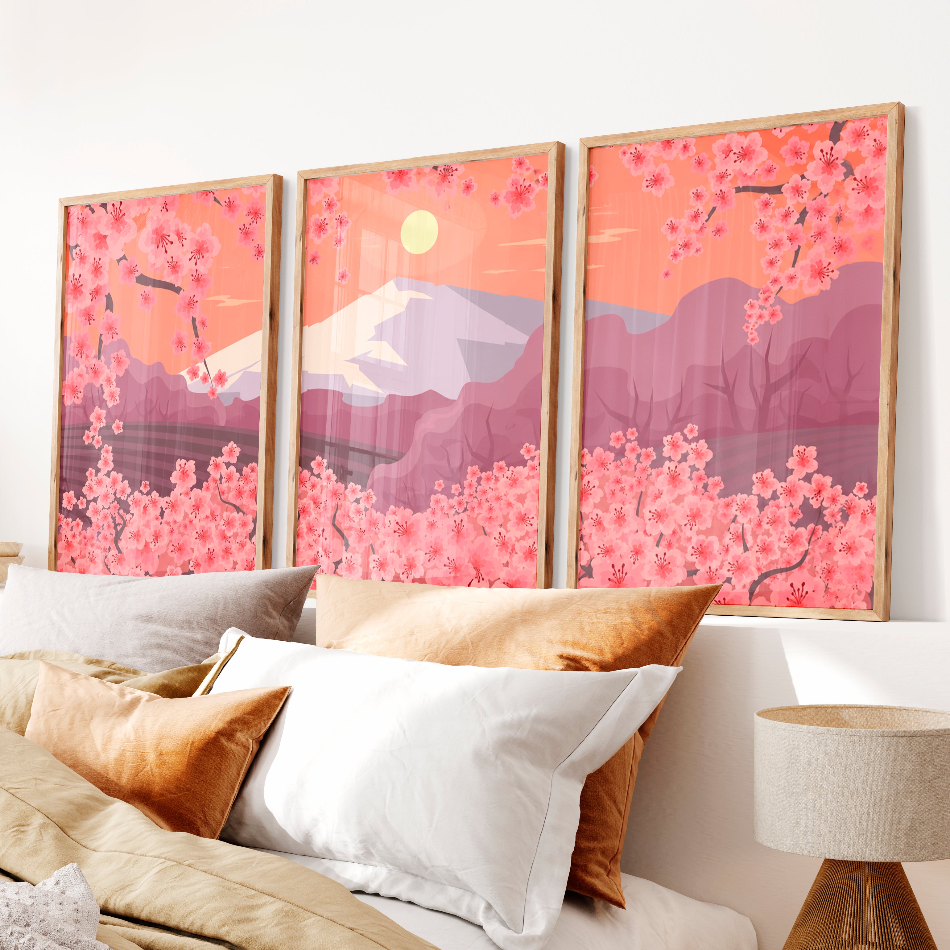 Japanese Mountain Artwork with Cherry Blossoms and Lake - Natural Wood Framed Poster No Border - Artworksets