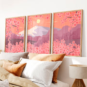 Japanese Mountain Artwork with Cherry Blossoms and Lake - Natural Wood Framed Poster No Border - Artworksets