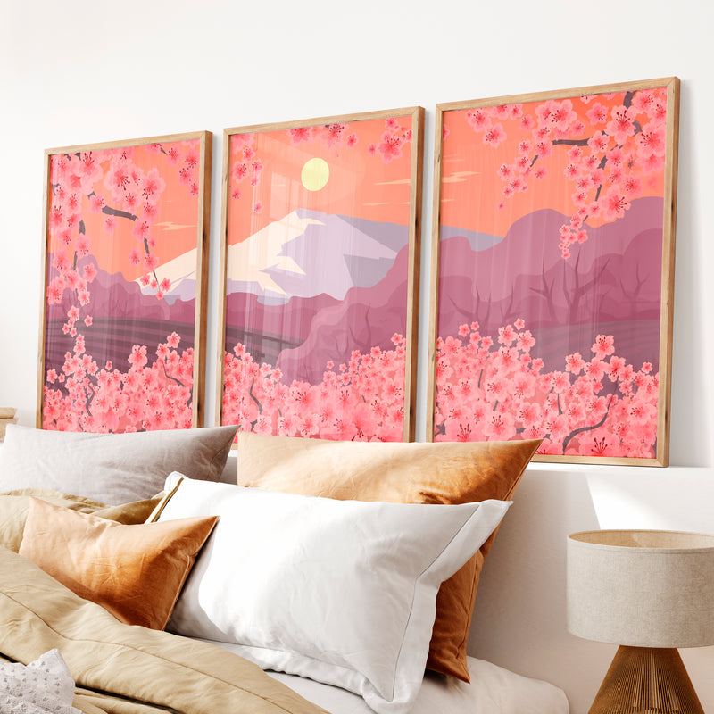 Japanese Mountain Artwork with Cherry Blossoms and Lake - Natural Wood Framed Poster No Border - Artworksets