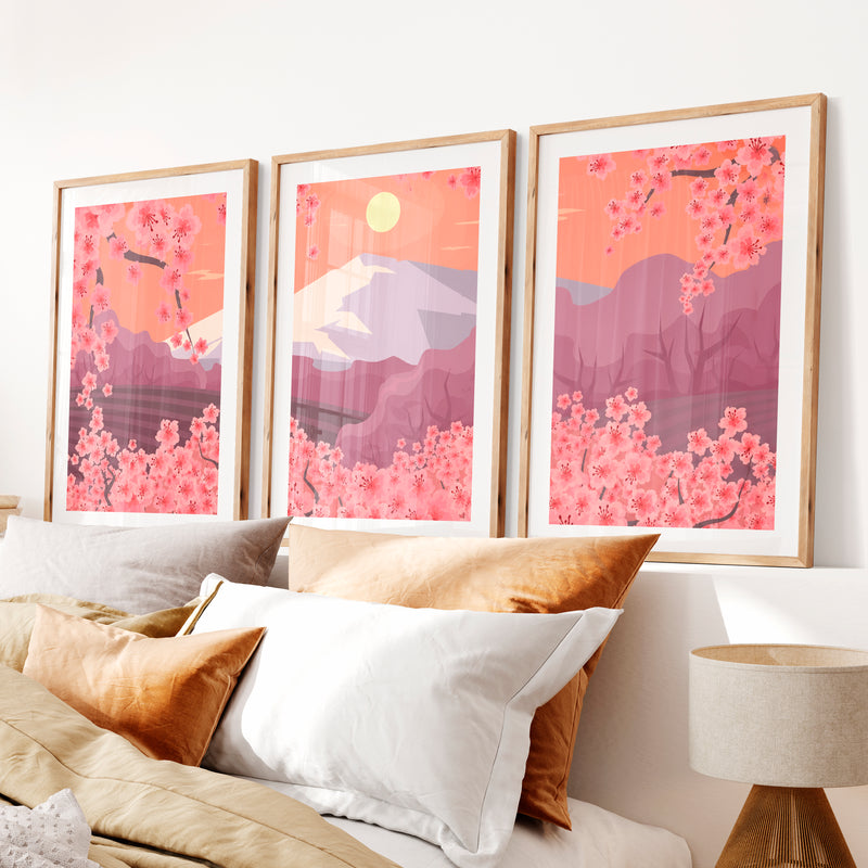 Japanese Mountain Artwork with Cherry Blossoms and Lake- Natural Wood Framed Poster with White Border - Artworksets