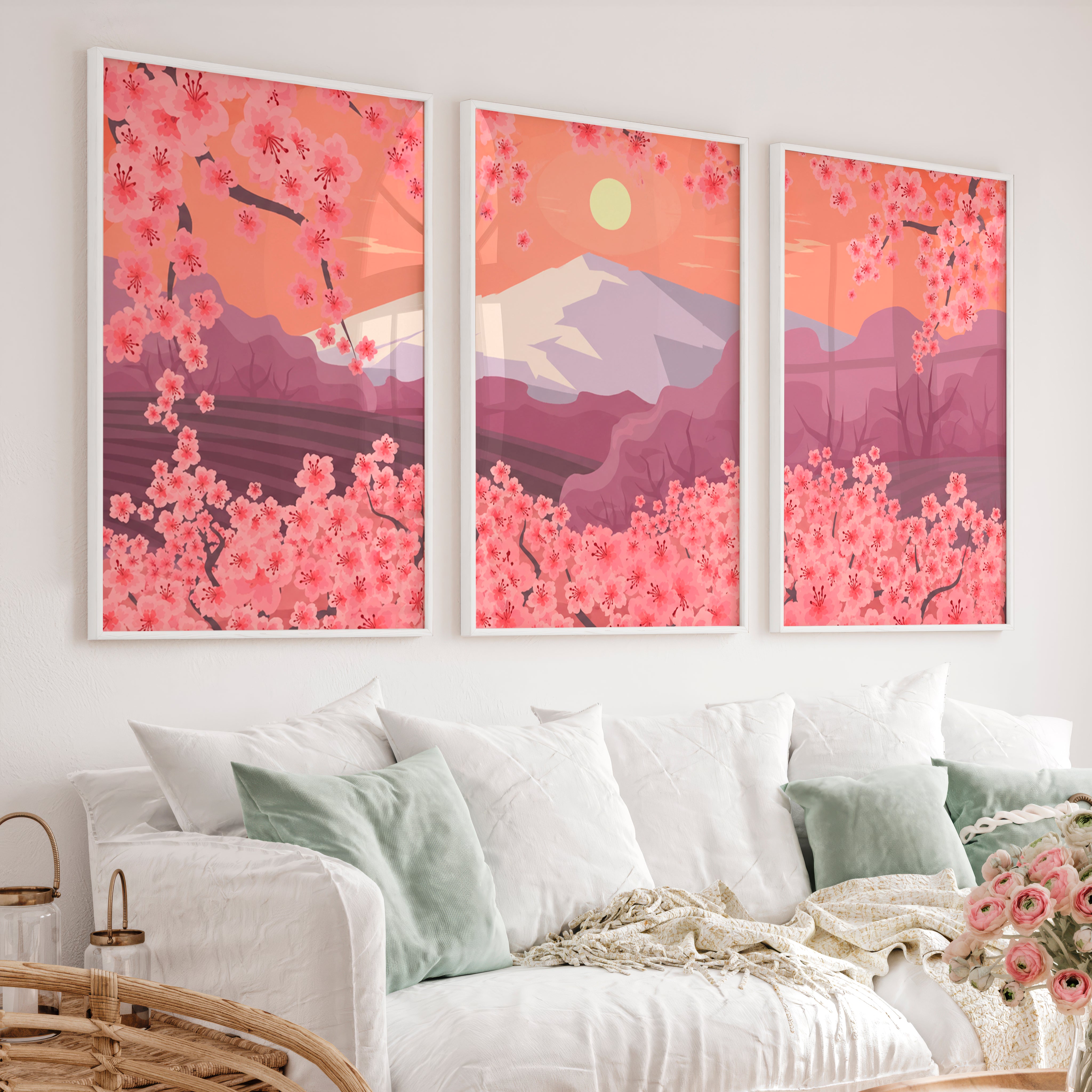 Japanese Mountain Artwork with Cherry Blossoms and Lake - White Framed Poster No Border - Artworksets