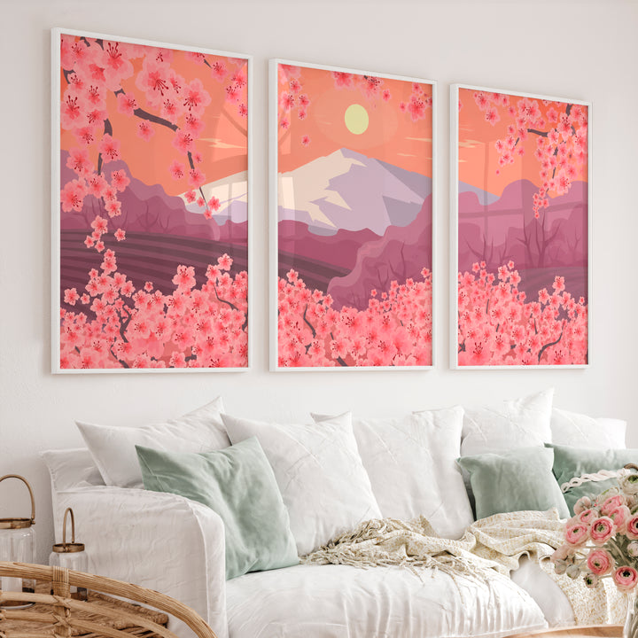 Japanese Mountain Artwork with Cherry Blossoms and Lake - White Framed Poster No Border - Artworksets
