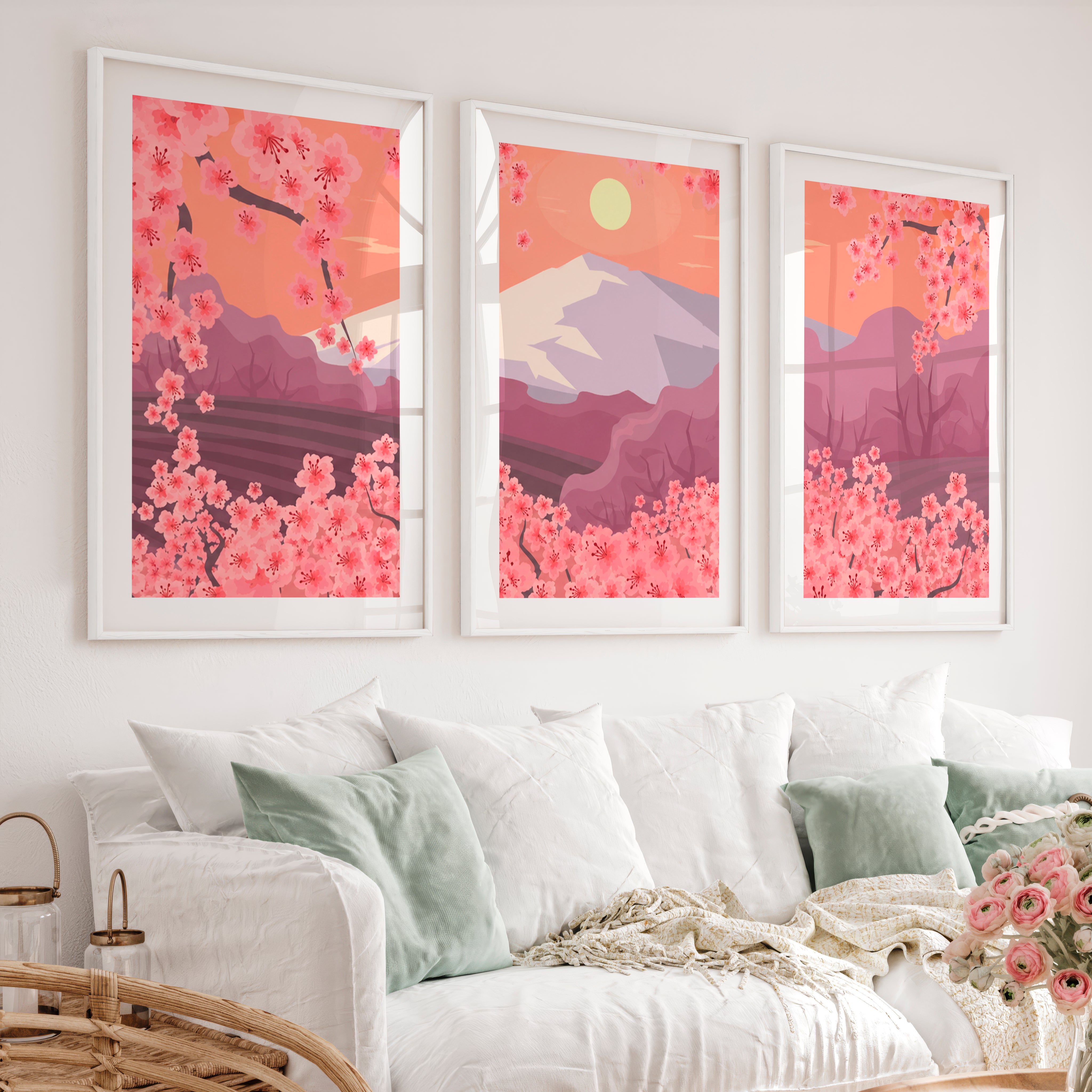 Japanese Mountain Artwork with Cherry Blossoms and Lake - White Framed Poster with White Border - Artworksets