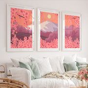 Japanese Mountain Artwork with Cherry Blossoms and Lake - White Framed Poster with White Border - Artworksets