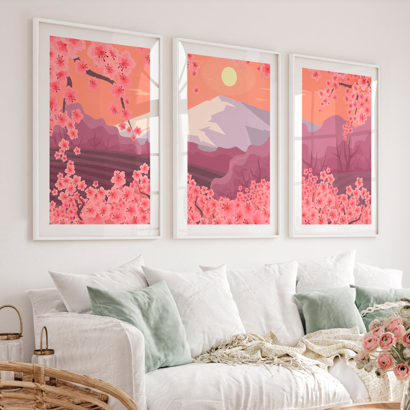 Japanese Mountain Artwork with Cherry Blossoms and Lake - White Framed Poster with White Border - Artworksets