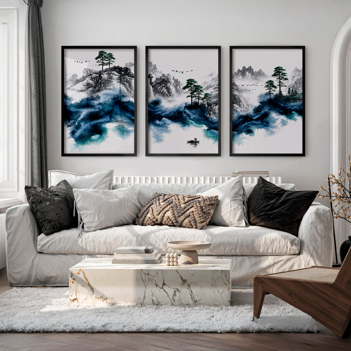 Japanese Mountain Artwork Featuring Pine and Lake Serenity - Black Framed Poster No Border - Artworksets