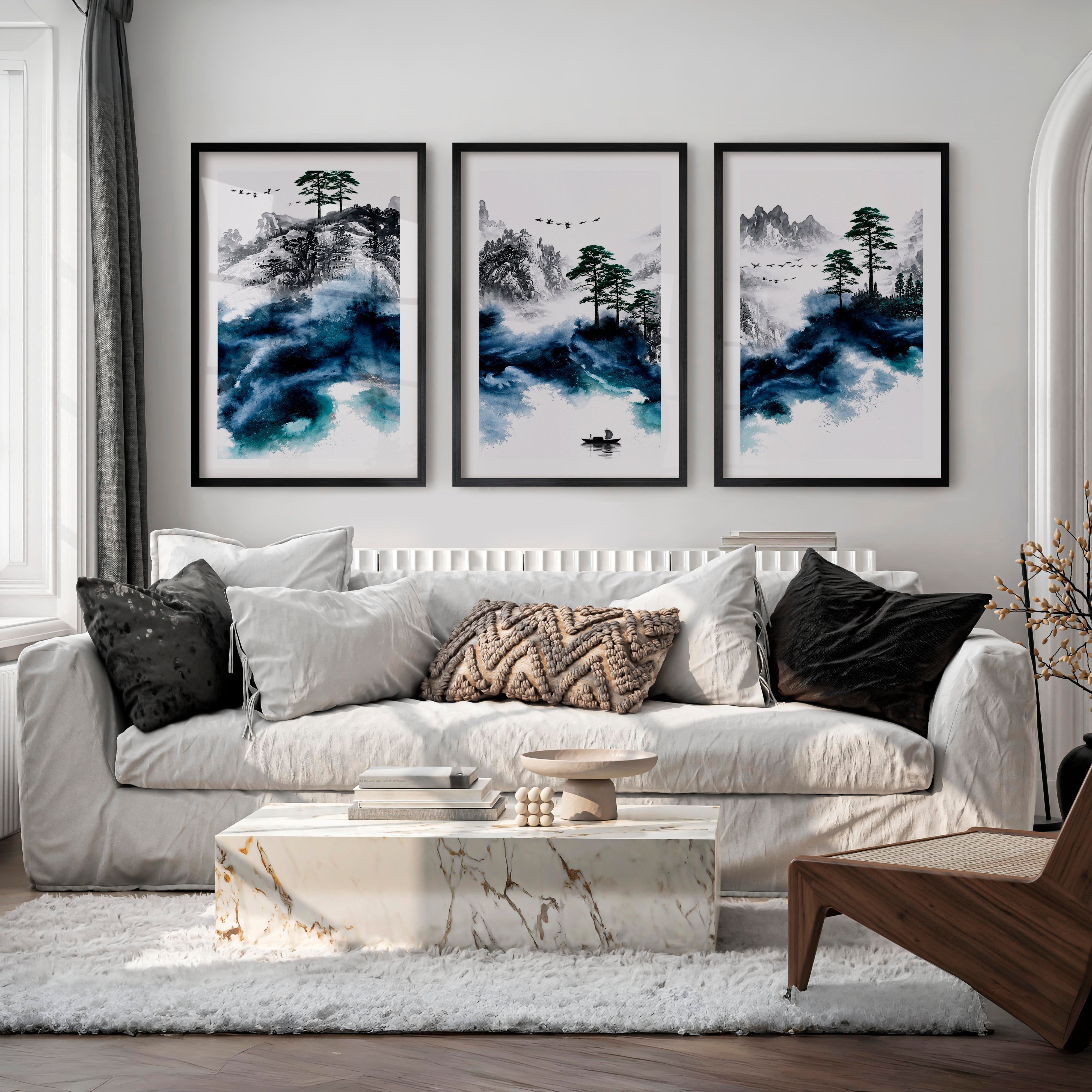 Japanese Mountain Artwork Featuring Pine and Lake Serenity - Black Framed Poster with White Border - Artworksets