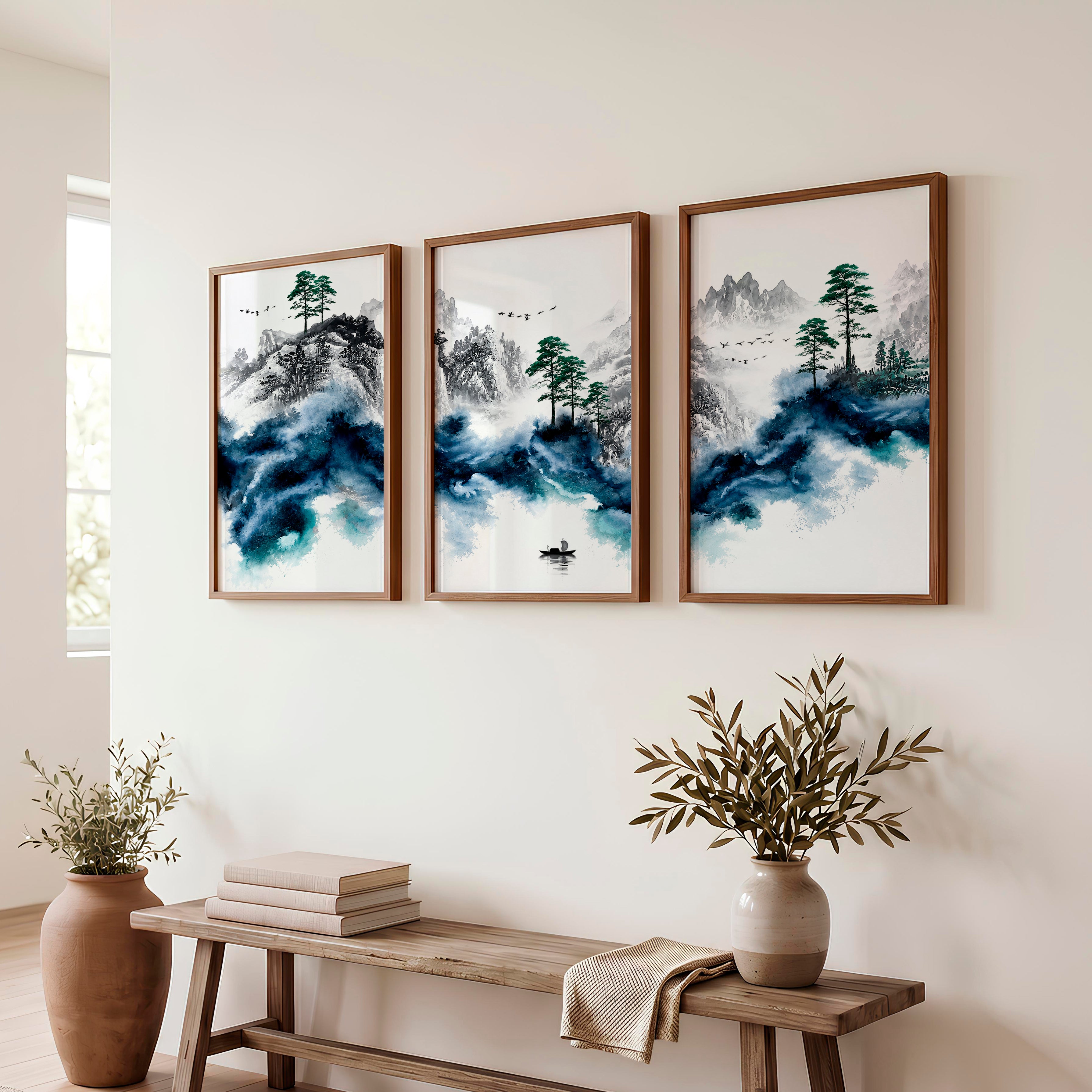 Japanese Mountain Artwork Featuring Pine and Lake Serenity - Dark Brown Framed Poster No Border - Artworksets