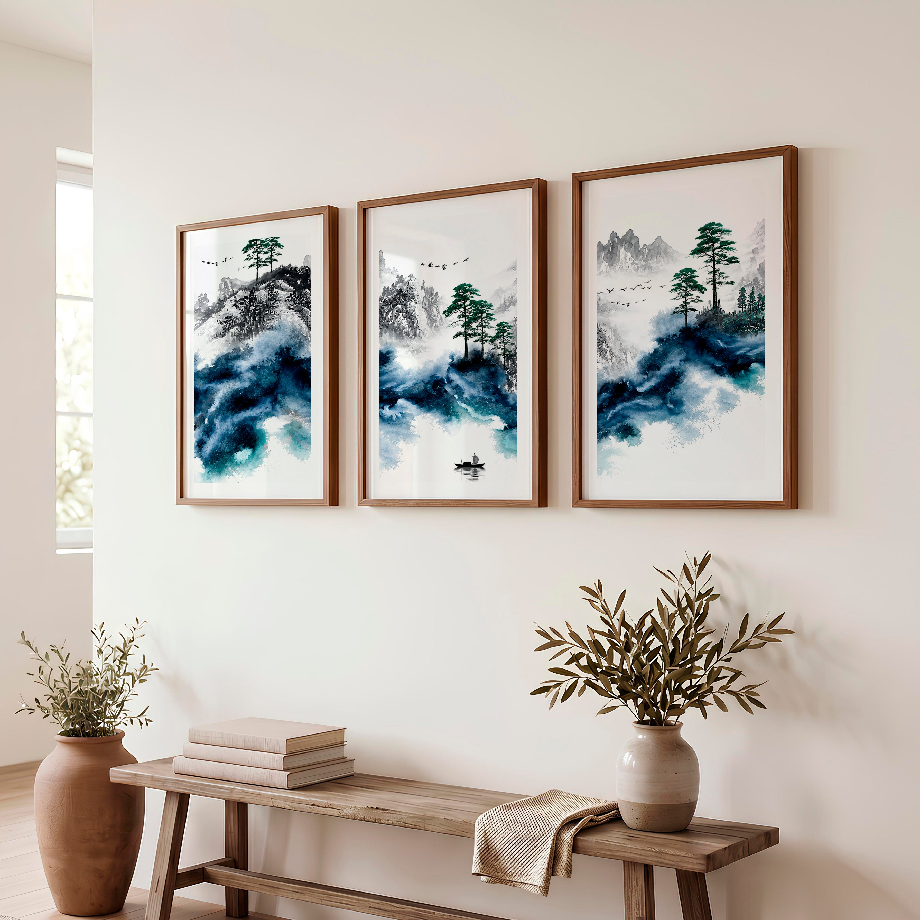Japanese Mountain Artwork Featuring Pine and Lake Serenity - Dark Brown Framed Poster with White Border - Artworksets