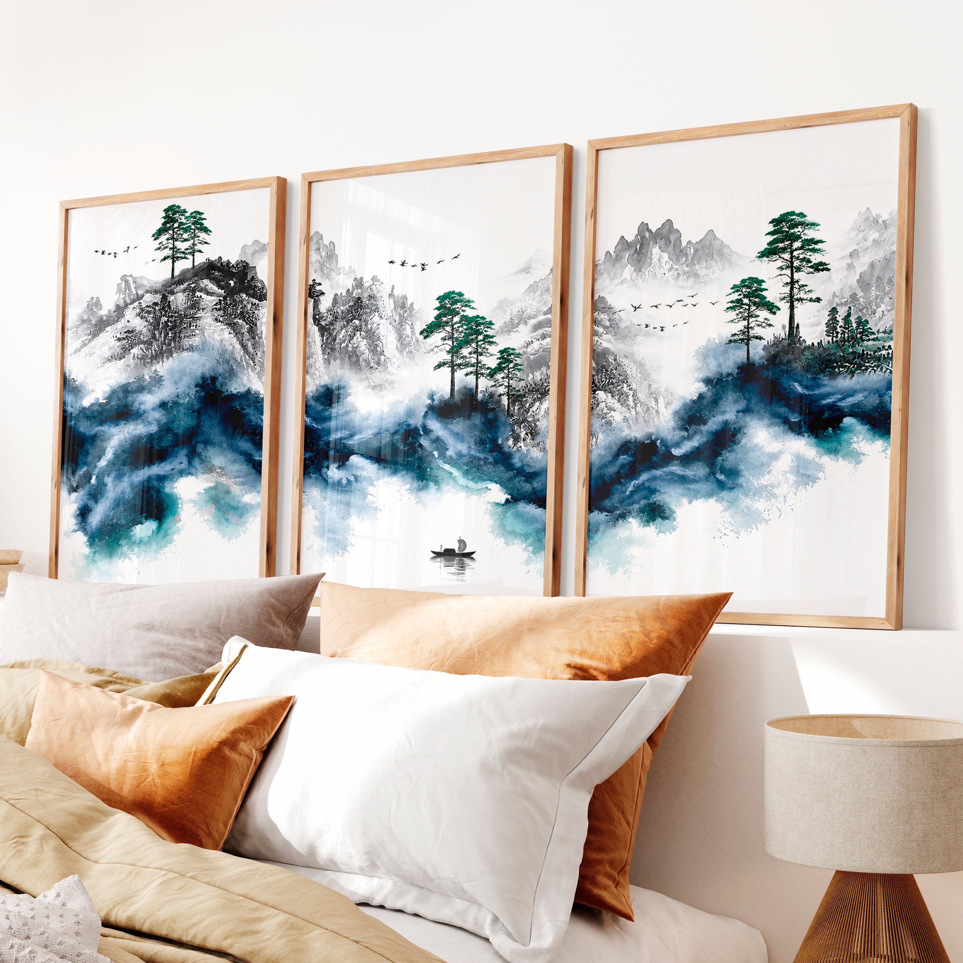 Japanese Mountain Artwork Featuring Pine and Lake Serenity - Natural Wood Framed Poster No Border - Artworksets