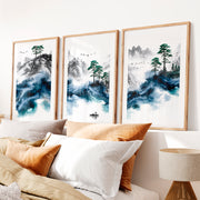 Japanese Mountain Artwork Featuring Pine and Lake Serenity- Natural Wood Framed Poster with White Border - Artworksets