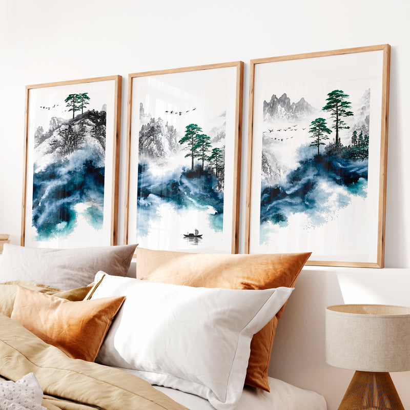 Japanese Mountain Artwork Featuring Pine and Lake Serenity- Natural Wood Framed Poster with White Border - Artworksets