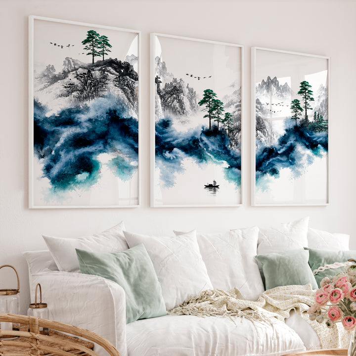 Japanese Mountain Artwork Featuring Pine and Lake Serenity - White Framed Poster No Border - Artworksets