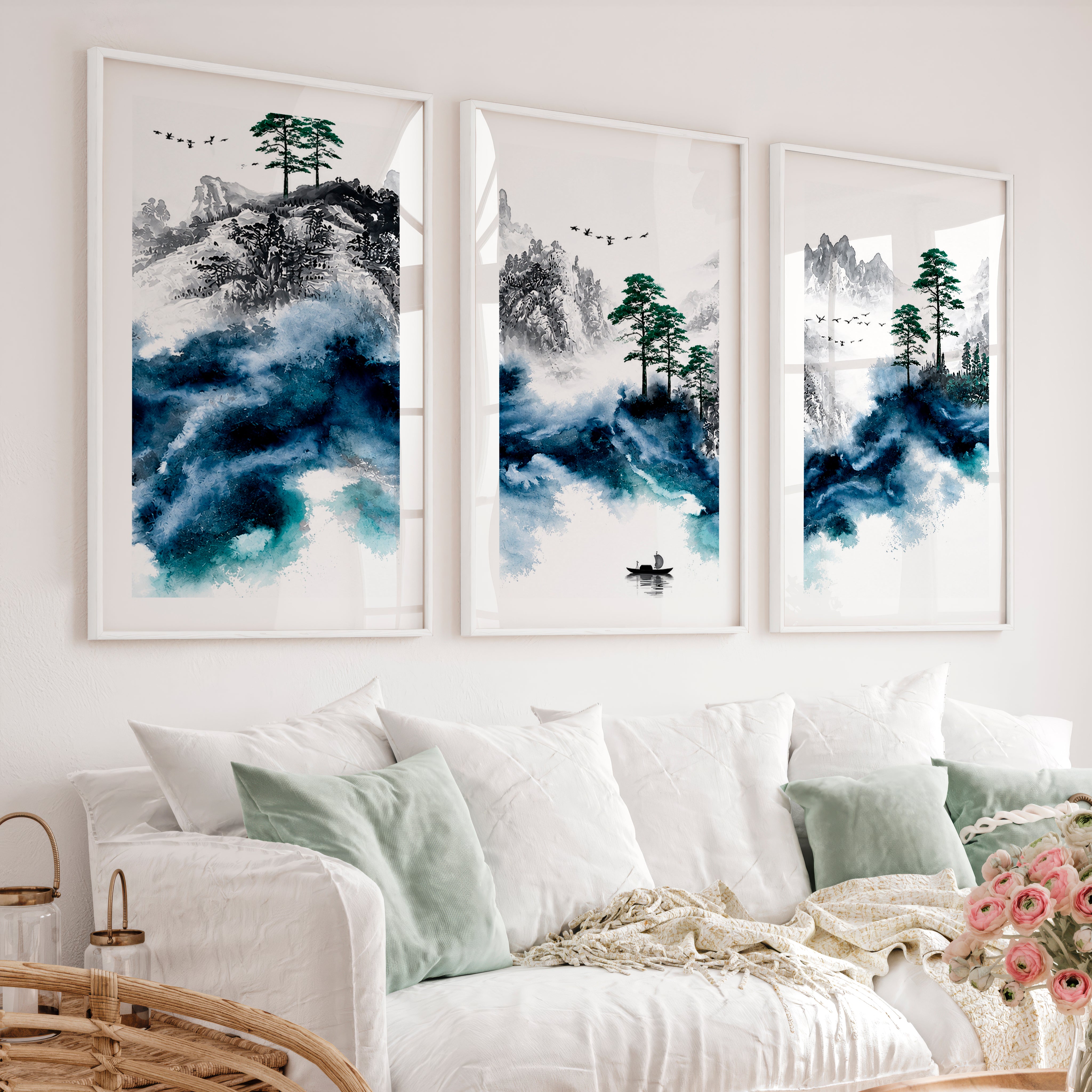 Japanese Mountain Artwork Featuring Pine and Lake Serenity - White Framed Poster with White Border - Artworksets
