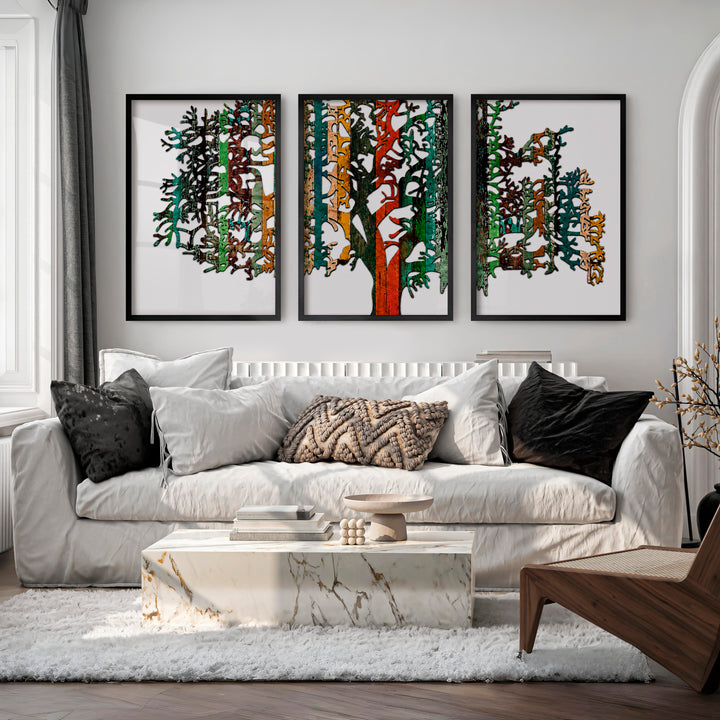 Layered Japanese Mountain Artwork Triptych in Sculptural Beige - Black Framed Poster No Border - Artworksets