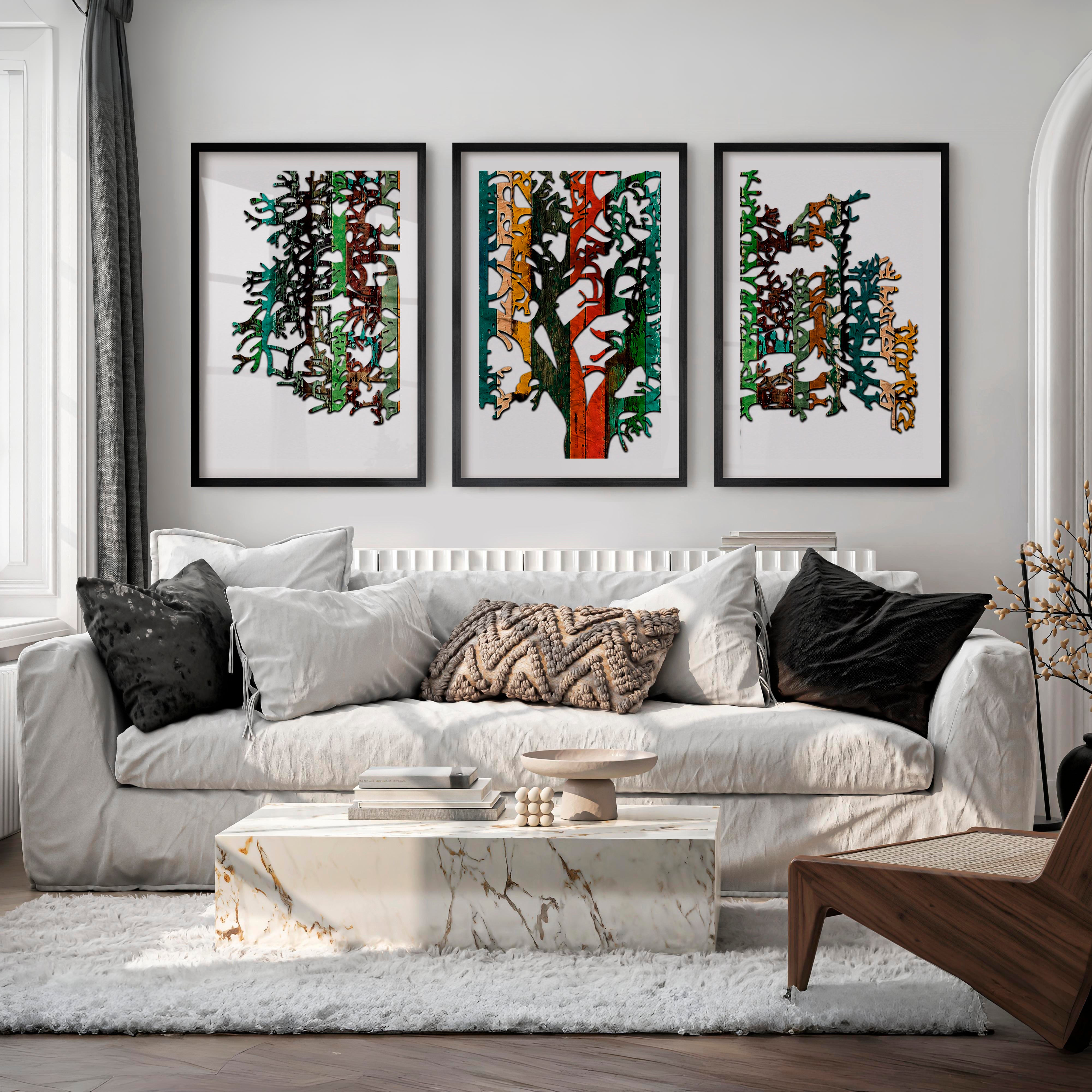 Layered Japanese Mountain Artwork Triptych in Sculptural Beige - Black Framed Poster with White Border - Artworksets