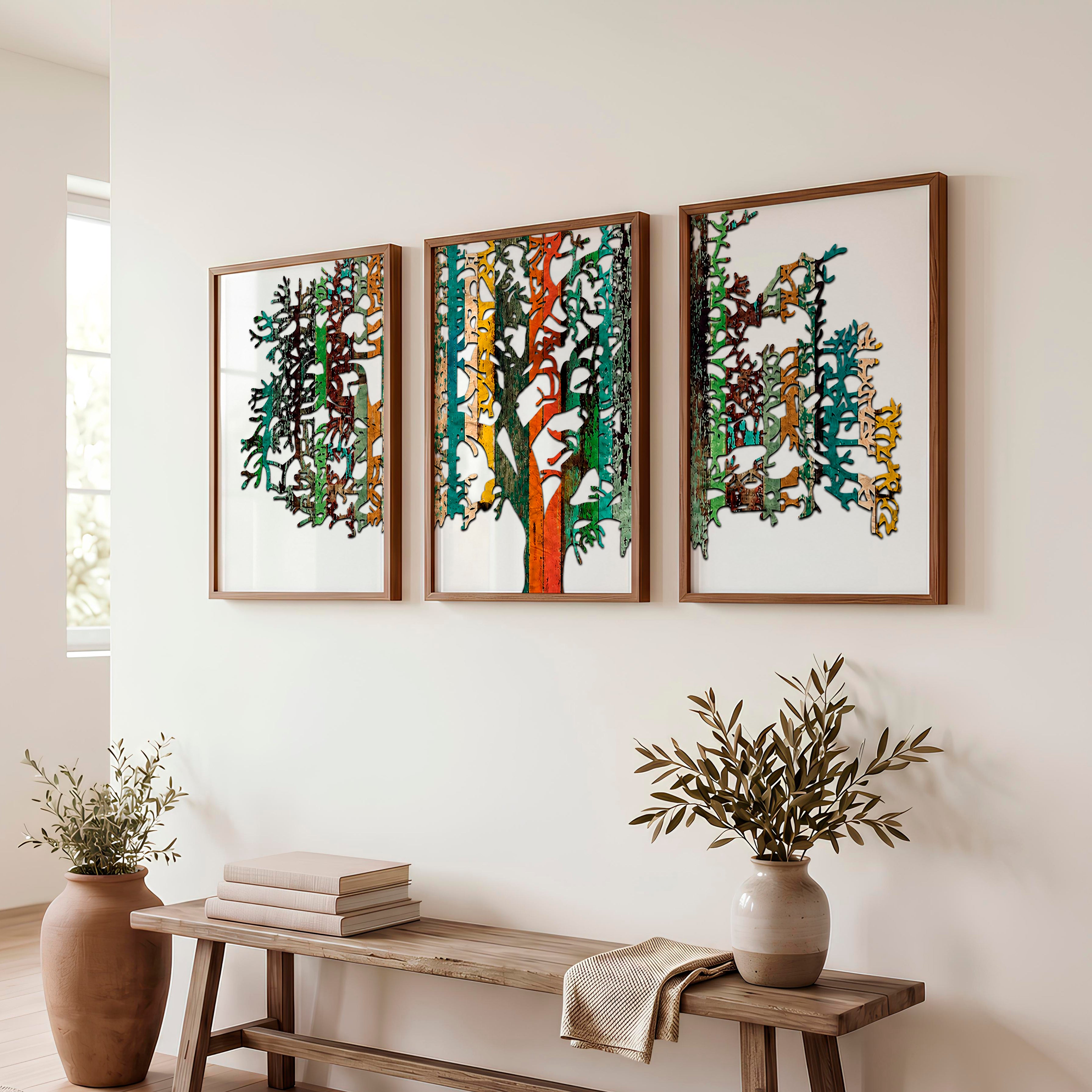 Layered Japanese Mountain Artwork Triptych in Sculptural Beige - Dark Brown Framed Poster No Border - Artworksets