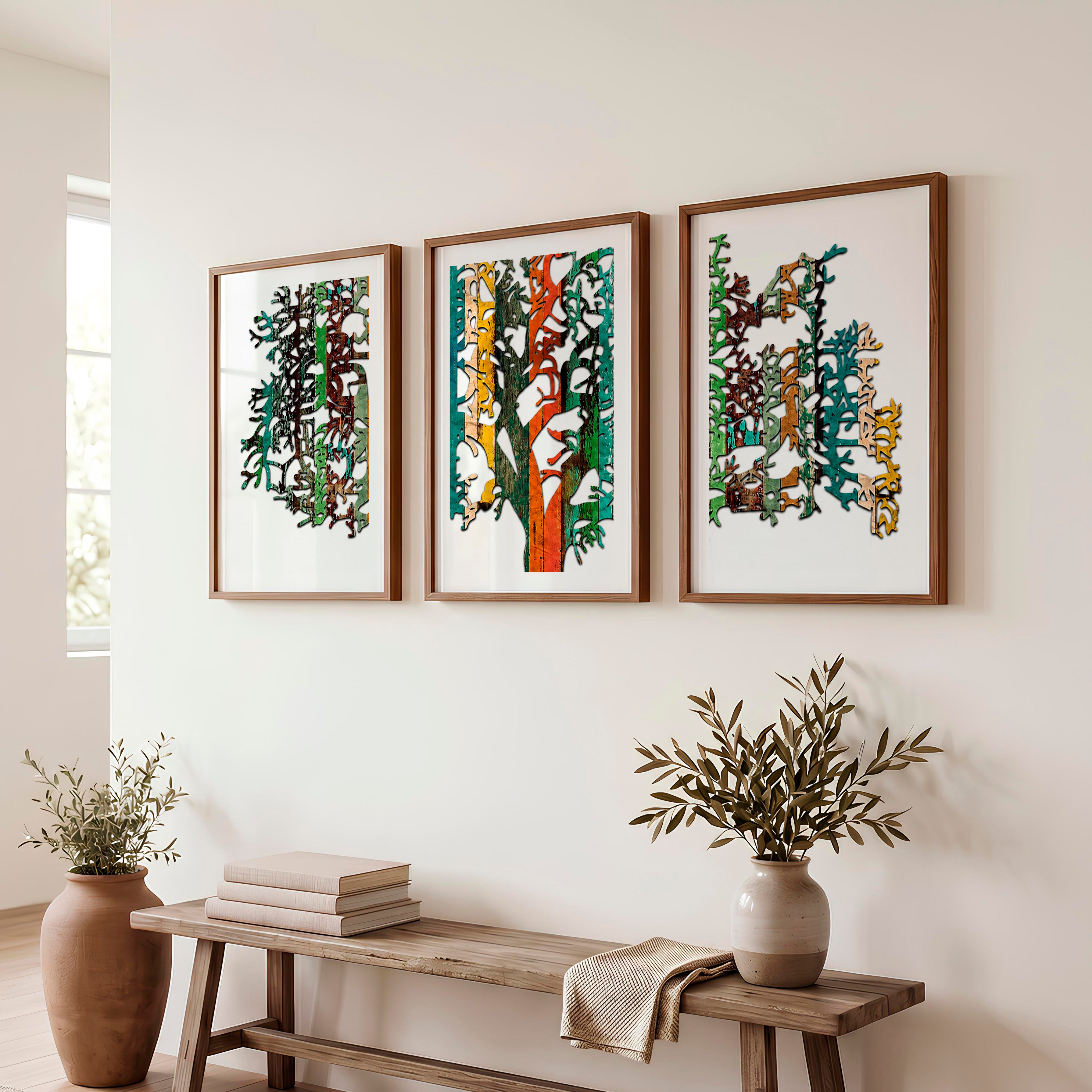Layered Japanese Mountain Artwork Triptych in Sculptural Beige - Dark Brown Framed Poster with White Border - Artworksets