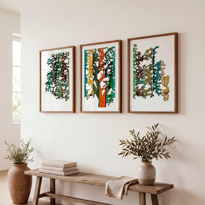 Layered Japanese Mountain Artwork Triptych in Sculptural Beige - Dark Brown Framed Poster with White Border - Artworksets