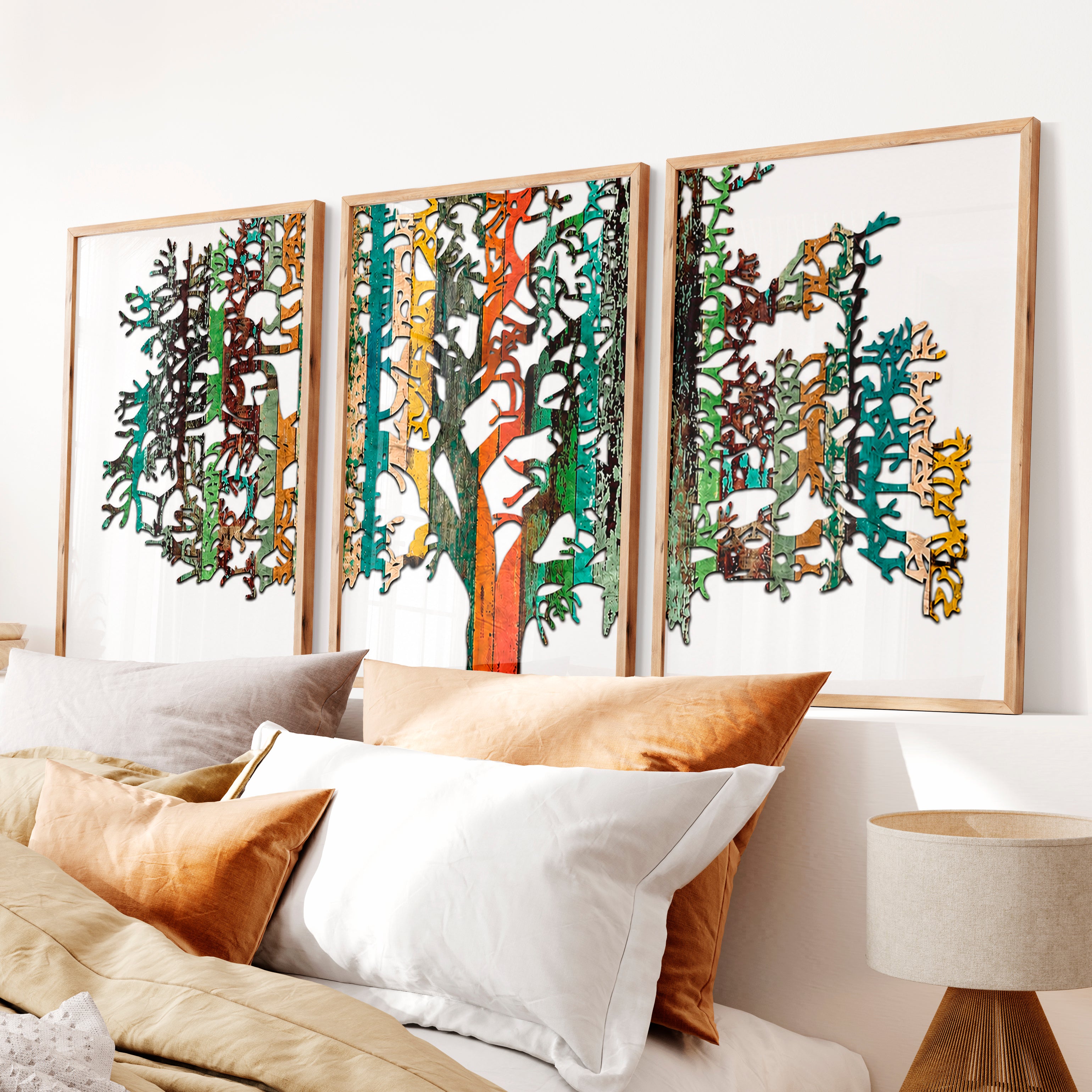 Layered Japanese Mountain Artwork Triptych in Sculptural Beige - Natural Wood Framed Poster No Border - Artworksets