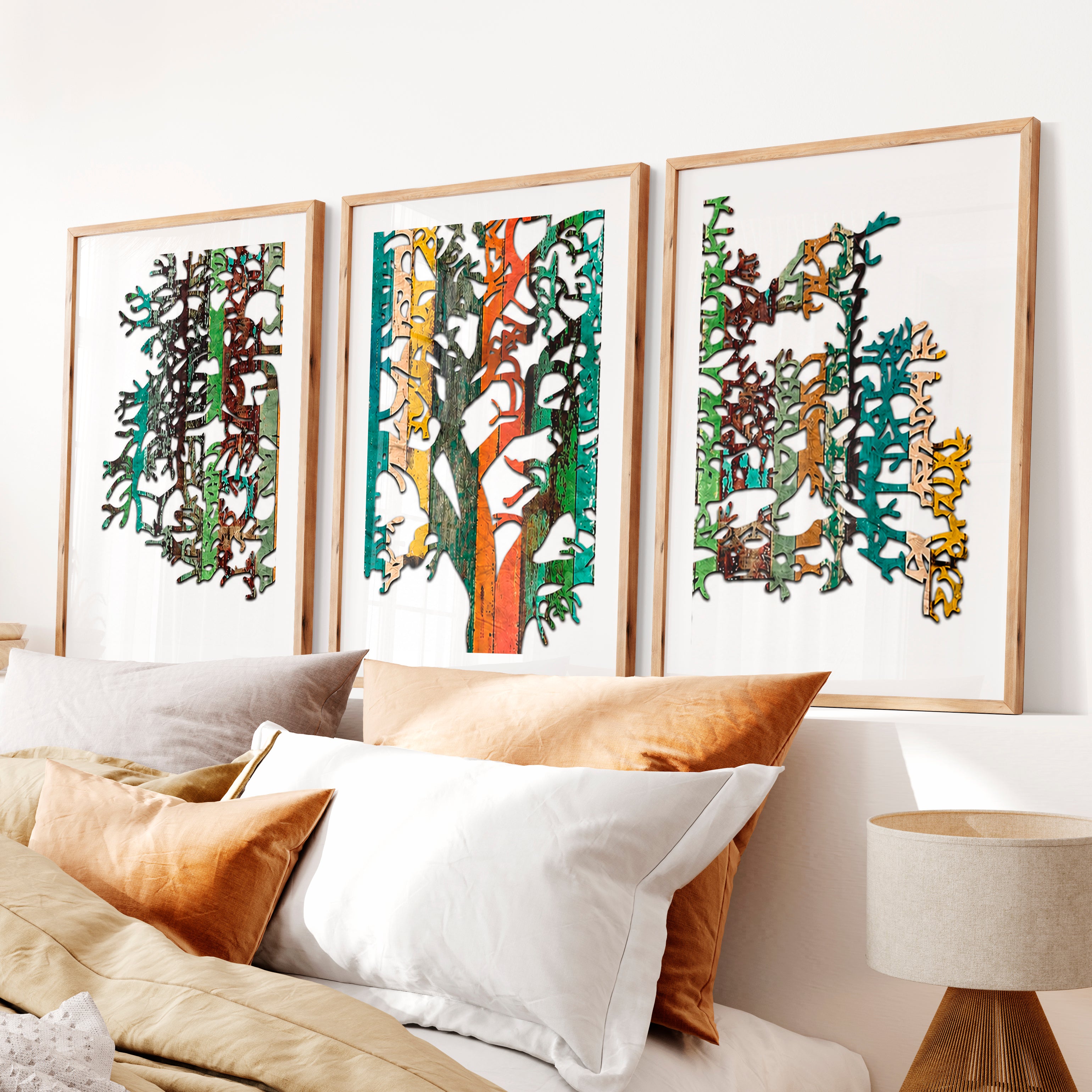 Layered Japanese Mountain Artwork Triptych in Sculptural Beige- Natural Wood Framed Poster with White Border - Artworksets
