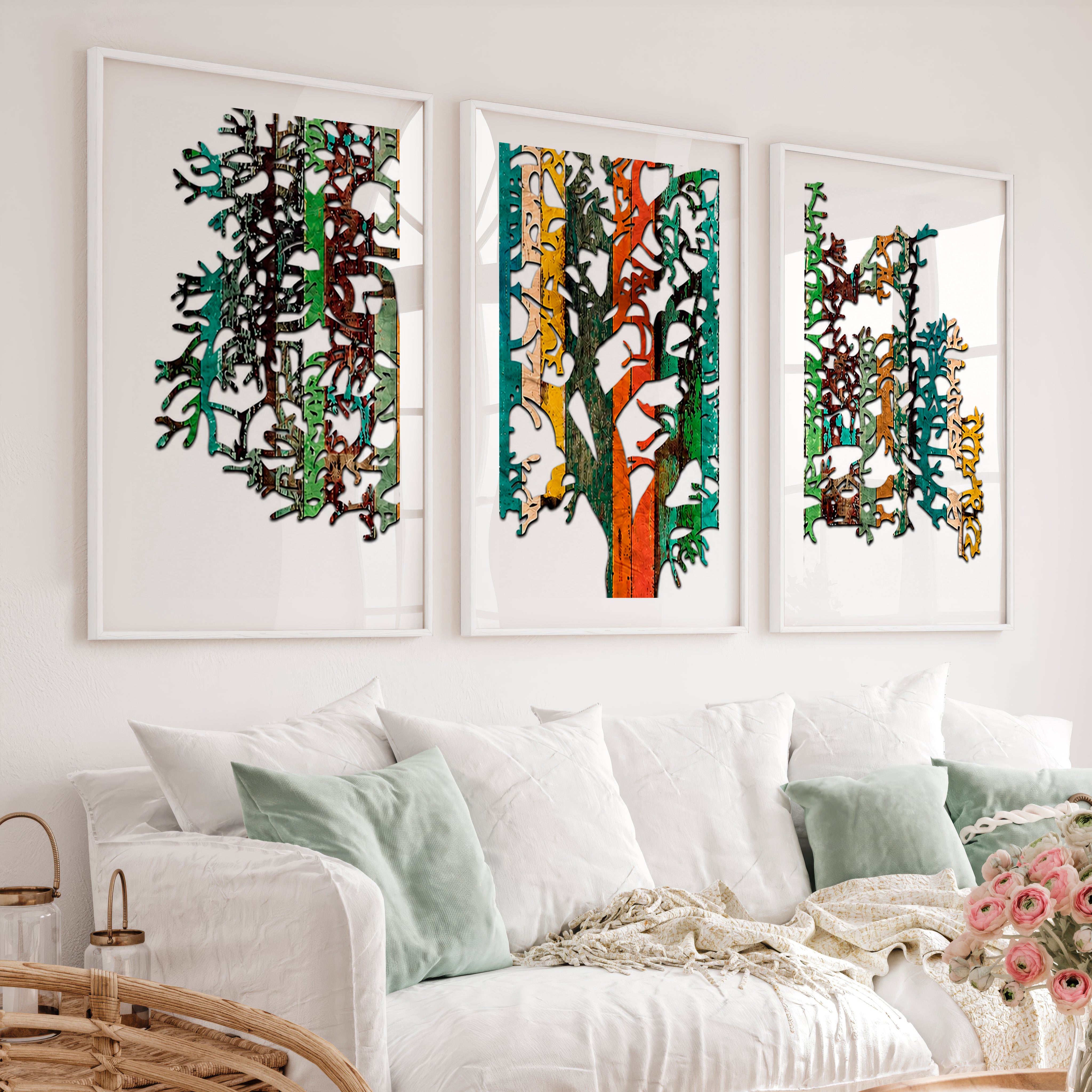 Layered Japanese Mountain Artwork Triptych in Sculptural Beige - White Framed Poster with White Border - Artworksets