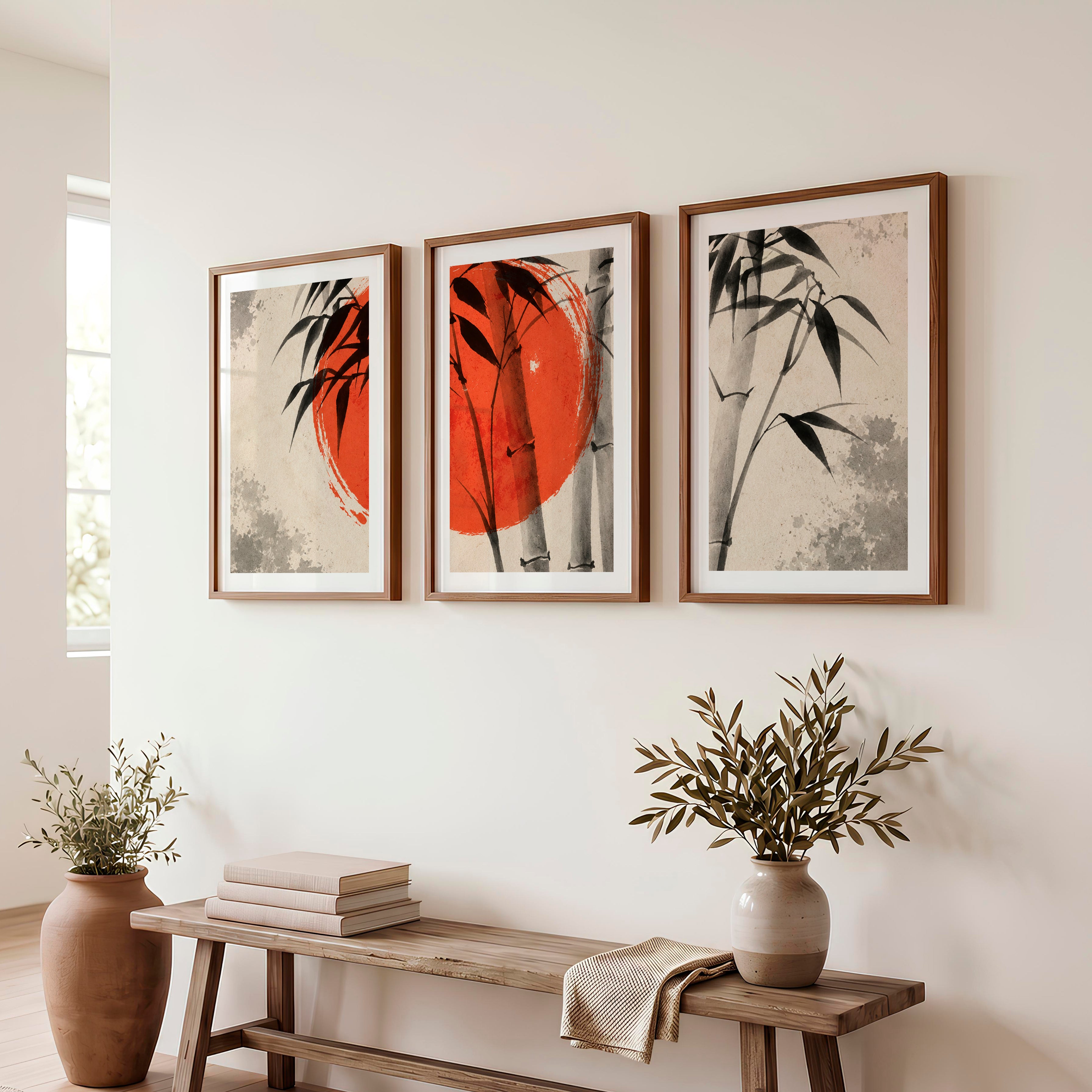 Japanese Ocean Art with Pine Cliffs Panorama - Dark Brown Framed Poster with White Border - Artworksets