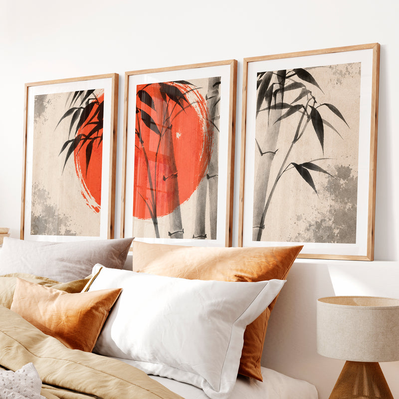 Japanese Ocean Art with Pine Cliffs Panorama- Natural Wood Framed Poster with White Border - Artworksets