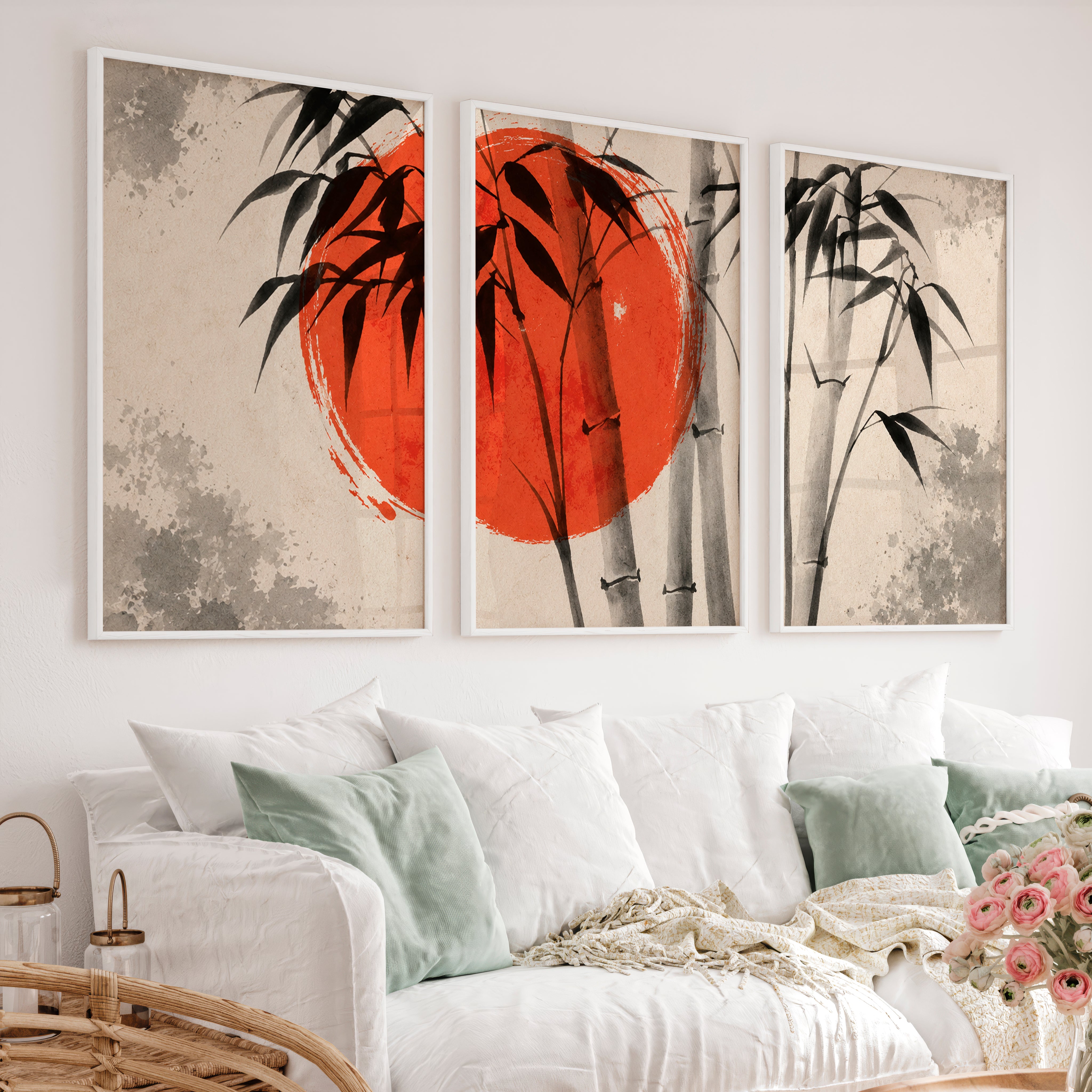 Japanese Ocean Art with Pine Cliffs Panorama - White Framed Poster No Border - Artworksets
