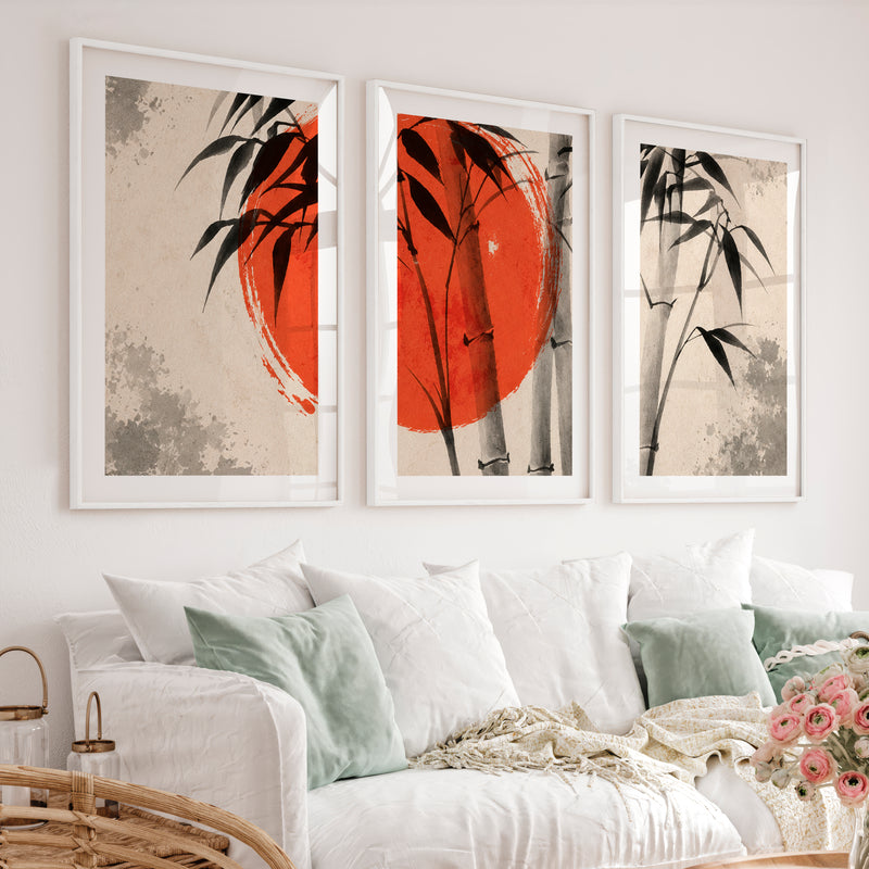 Japanese Ocean Art with Pine Cliffs Panorama - White Framed Poster with White Border - Artworksets
