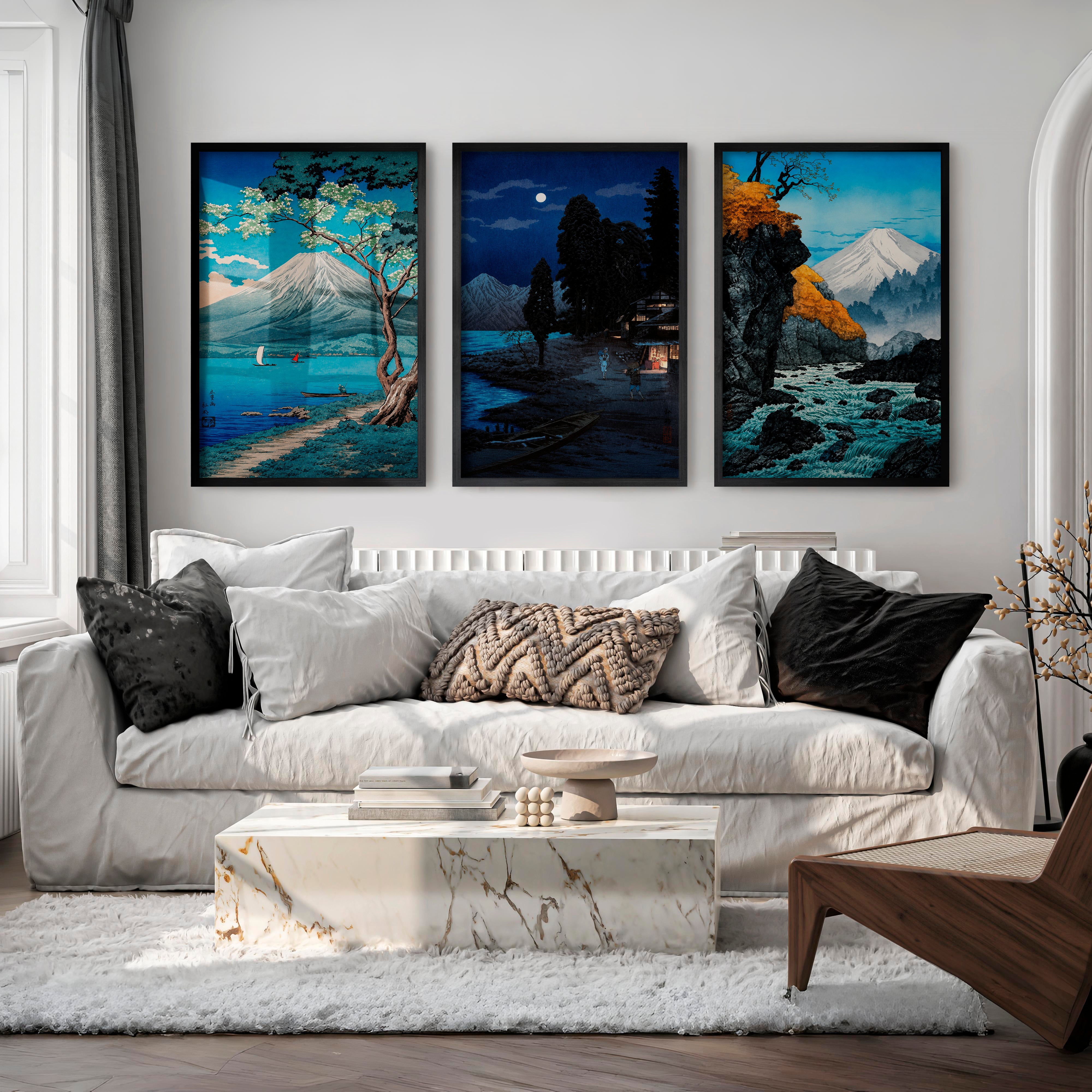 Japanese Ocean Art Featuring Winding Road and Coastal View - Black Framed Poster No Border - Artworksets