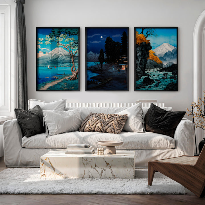 Japanese Ocean Art Featuring Winding Road and Coastal View - Black Framed Poster No Border - Artworksets