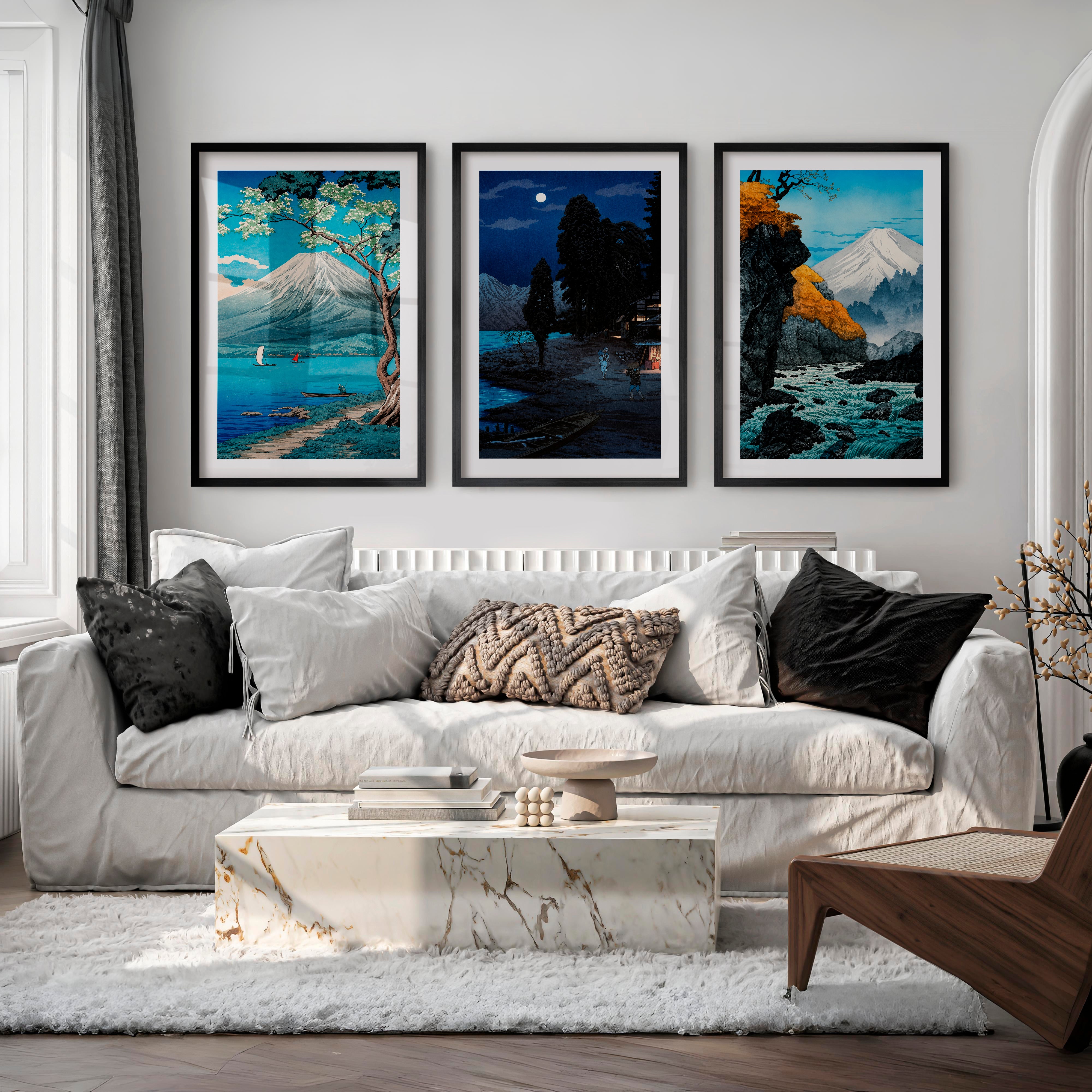 Japanese Ocean Art Featuring Winding Road and Coastal View - Black Framed Poster with White Border - Artworksets