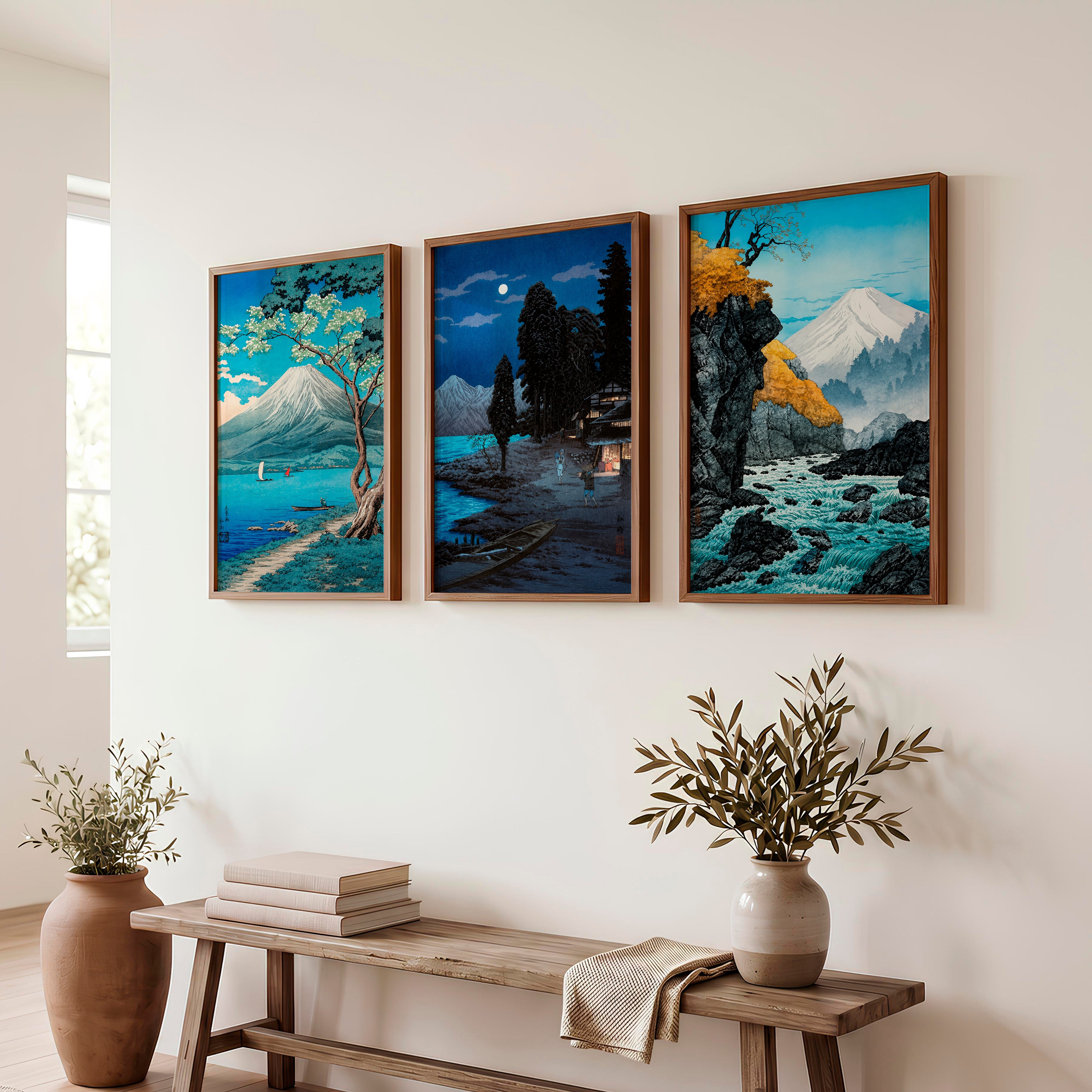 Japanese Ocean Art Featuring Winding Road and Coastal View - Dark Brown Framed Poster No Border - Artworksets