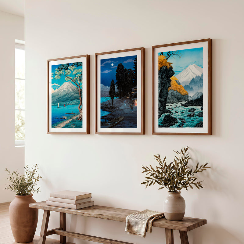 Japanese Ocean Art Featuring Winding Road and Coastal View - Dark Brown Framed Poster with White Border - Artworksets