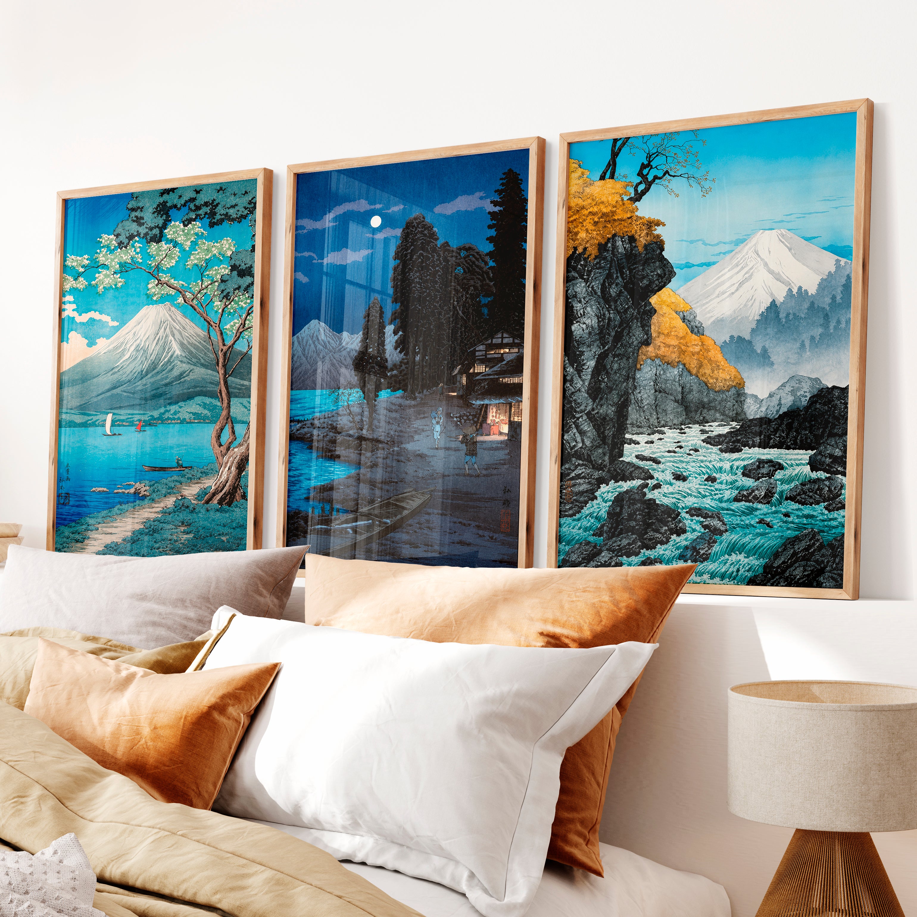 Japanese Ocean Art Featuring Winding Road and Coastal View - Natural Wood Framed Poster No Border - Artworksets