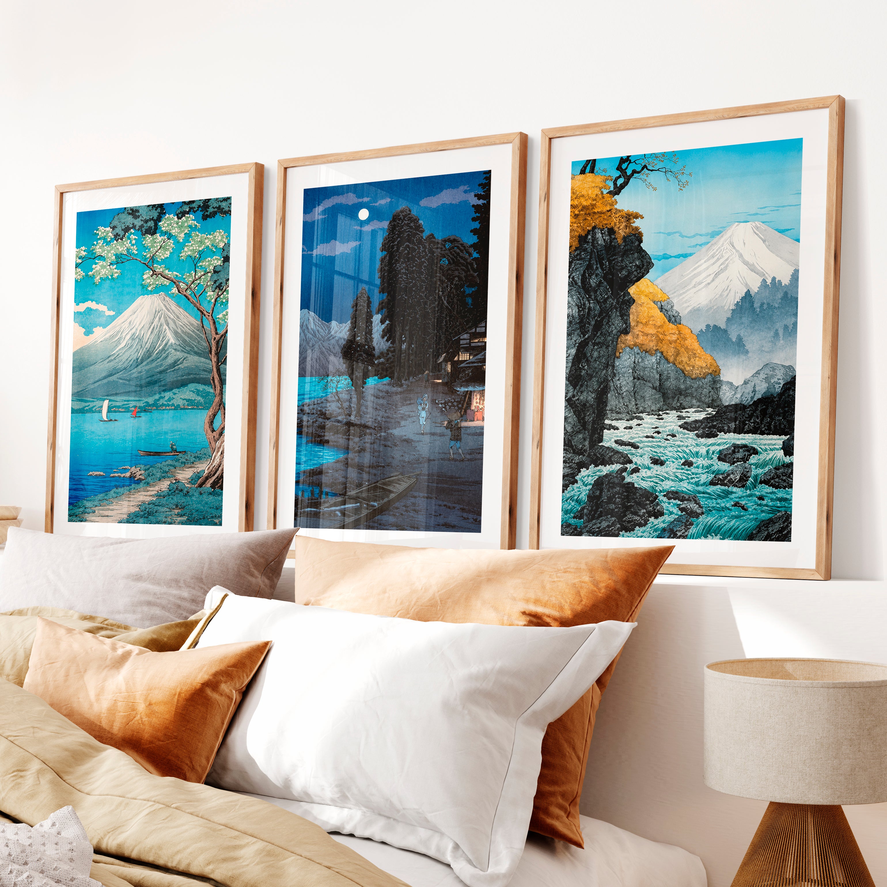 Japanese Ocean Art Featuring Winding Road and Coastal View- Natural Wood Framed Poster with White Border - Artworksets