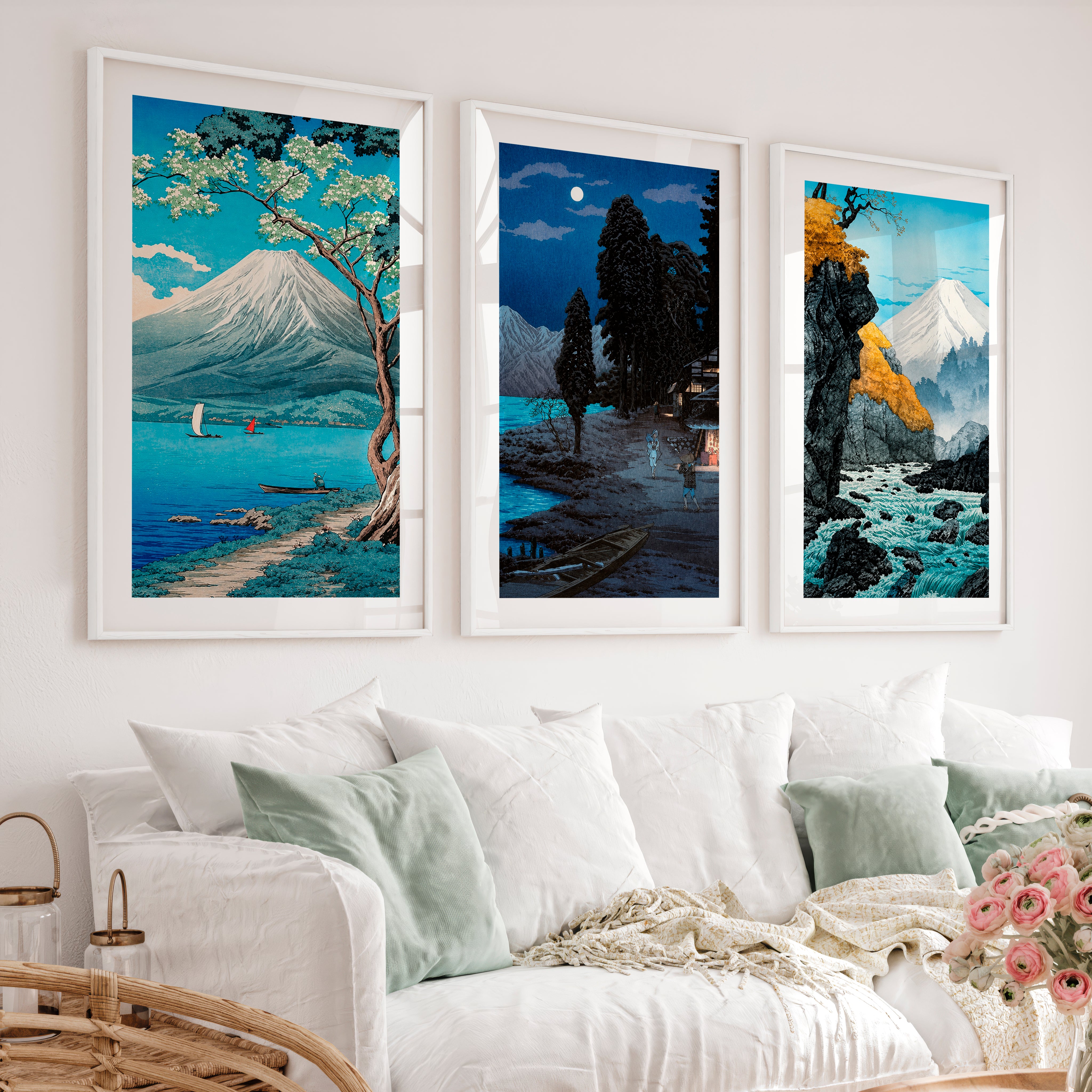 Japanese Ocean Art Featuring Winding Road and Coastal View - White Framed Poster with White Border - Artworksets